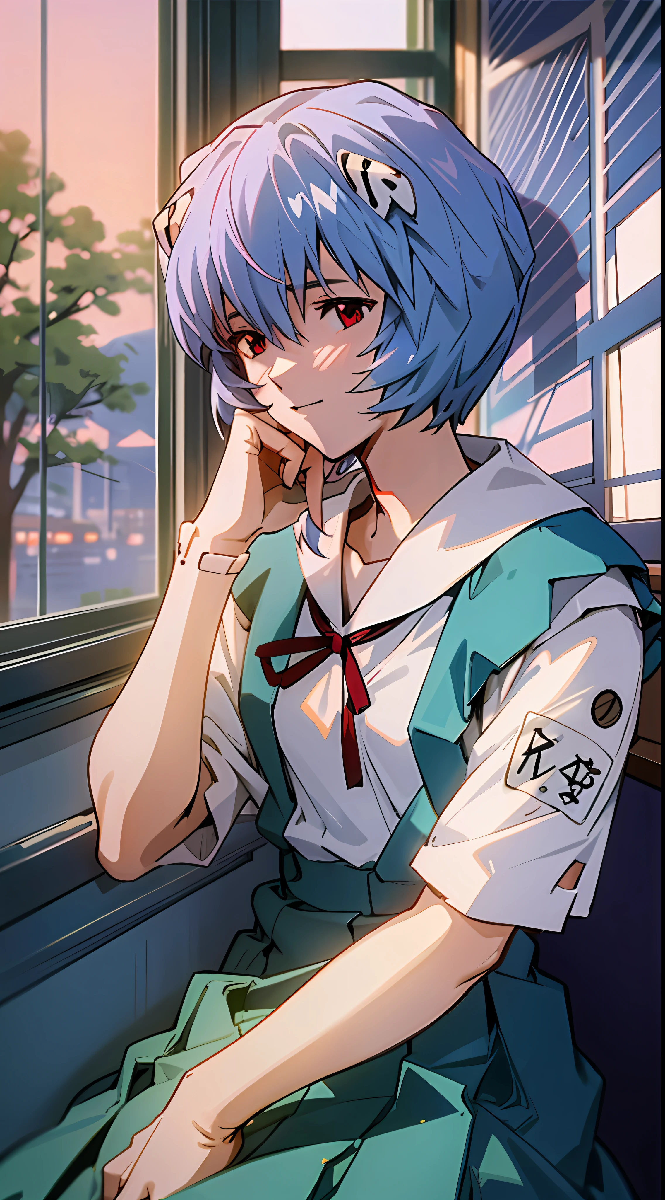 1 girl, Ayanami, Evangelion, 8K, best quality, school uniform, classroom, gentle smile, sitting in chair, looking out the window, dusk light, more details