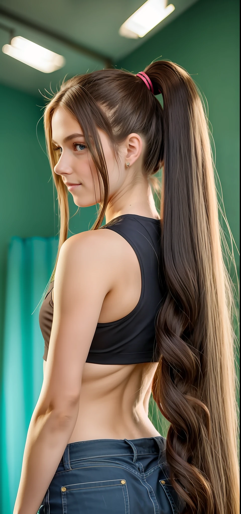 There is a girl, , blonde, green eyes, medium breasts, medium ass, exposed abdomen, with long hair standing in a room, her hair is in a ponytail, with long hair, looks like Fabiula Nascimento, her hair is long and straight, girl with super long hair, waist long hair, long black ponytail, extremely long hair, with a ponytail, low quality video, long black hair in a ponytail, 8k