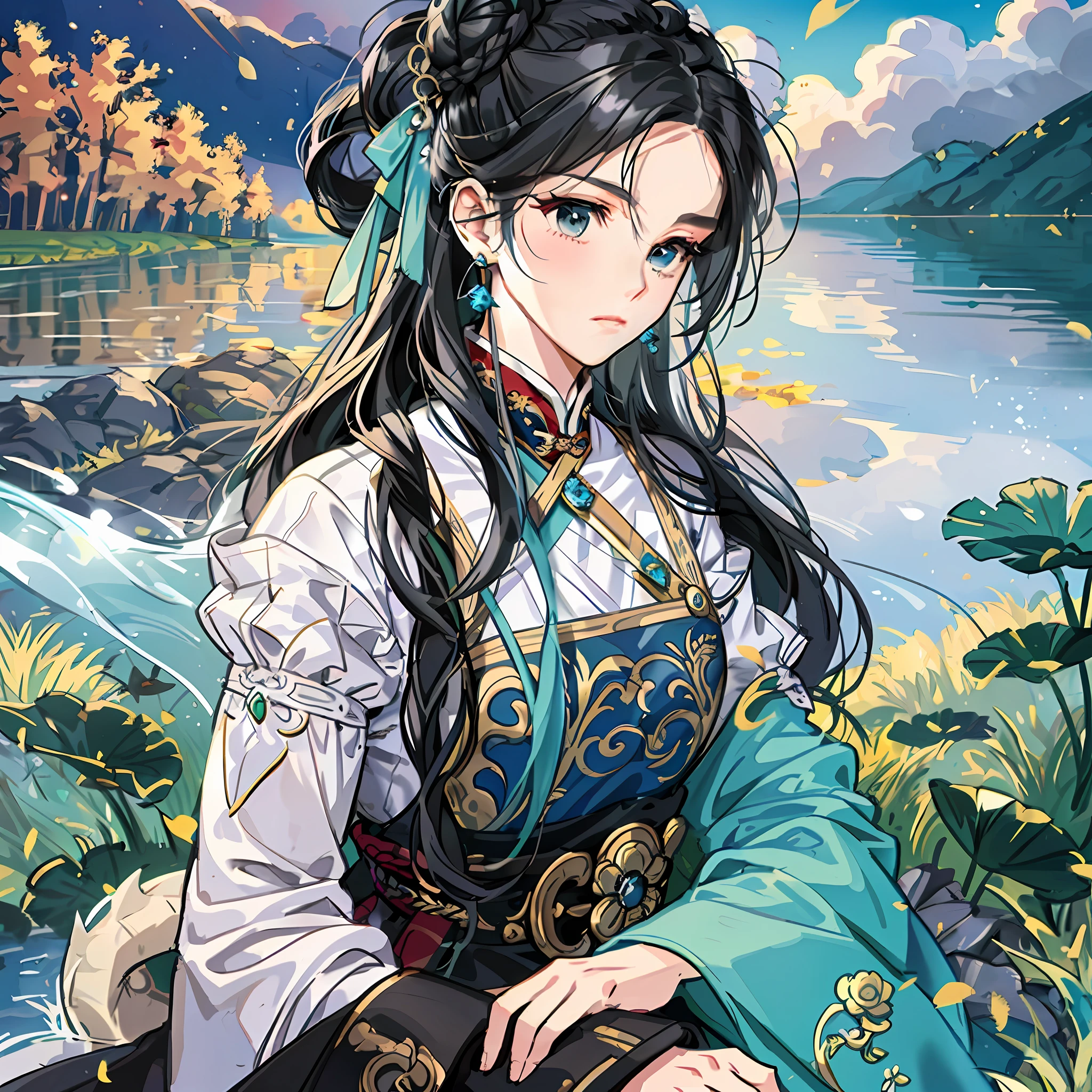 Black hair, black eyes, black eyes, mature women, Chinese Ming Dynasty hairstyle, bun, hair all combed, eyes like apricots, mouth like dan, the outline of the face seems to be very classical beauty, but the strong lines of the chin and eyebrows inadvertently show that this person is not a virgin lady in the feudal era. She wore a quaint and chic updo, a jade hairpin and a little silver headdress, and a Ming Han uniform: a Buddha cyan cape, the upper clothes were light blue with a slight blue gray, and the green skirt under the cape was a little dull, reminiscent of the old lotus by the lonely water. At a glance, the patterns on this costume seem to be related to water, clouds, fish, and dragons. Cold, clean, dignified, rounded face, night, mysterious, 1girl, masterpiece, best quality, correct ancient Chinese hair ornaments, huasheng, hairpin, step shake, puff, black eyes