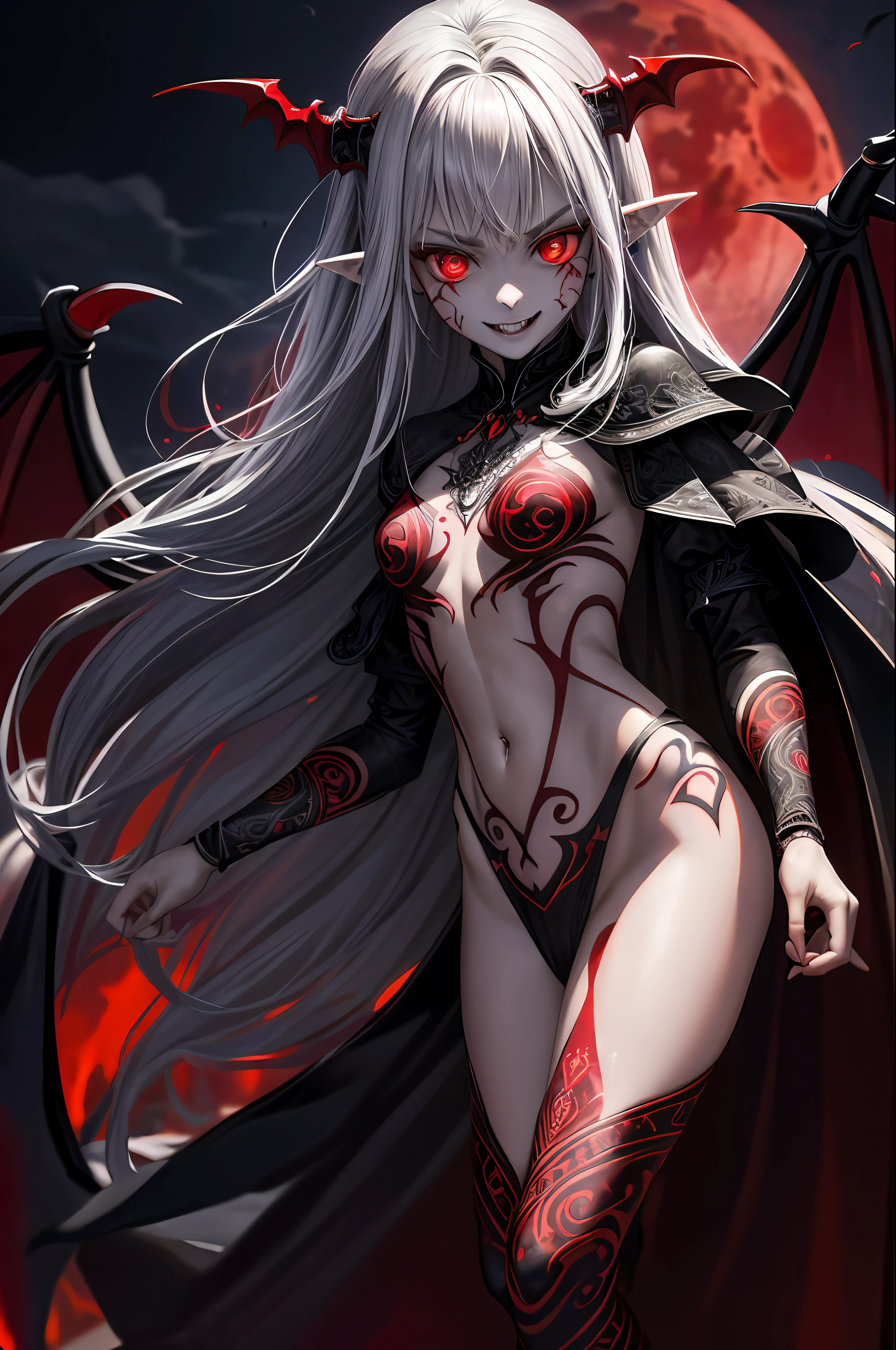(Masterpiece: 1.2, highest quality), (Best lighting, very delicate and beautiful), (Best lighting, very delicate and beautiful), (Beautiful Detailed Face), (Detailed Eyes and Detailed Face: 1.2), Dark Fantasy, (Young Girl, Little Beast, 1girl, Solo, Crazy Smile, Pale Skin,Piercing,((tattoos all over the body,Tribal tattoos all over the legs)) gray hair, red glowing eyes, Dynamic Angle, Vampire), (Get Vampire Castle in the Background), (Red Moon, Red Sky), pointy_ears, Fangs, Ogre Wings, Demon Horns, Blood on Face, Blood Rain, Blood Mist, (Depth of Field), High Contrast, (Blood Splash: 1.4), Cowboy Shot, Full Body, Nightgown