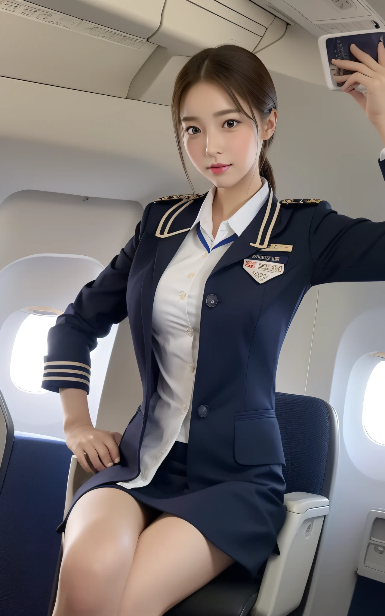 Top quality, masterpiece, 8K, Ultra High Definition, (Photorealistic: 1.4), 1 girl, beautiful face, symmetrical eyes, perfect body proportions, stewardess uniform, look at the viewer, (interior of the plane: 1.2), front view,