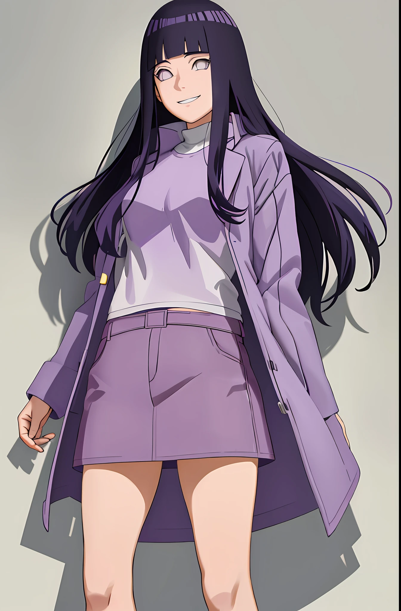 masterpiece, hinata\(boruto\), solo, 1girl,medium breasts, smile, (((long hair))), cowboy shoot, (((purple long coat))), white sweater, white jeans, sneakers