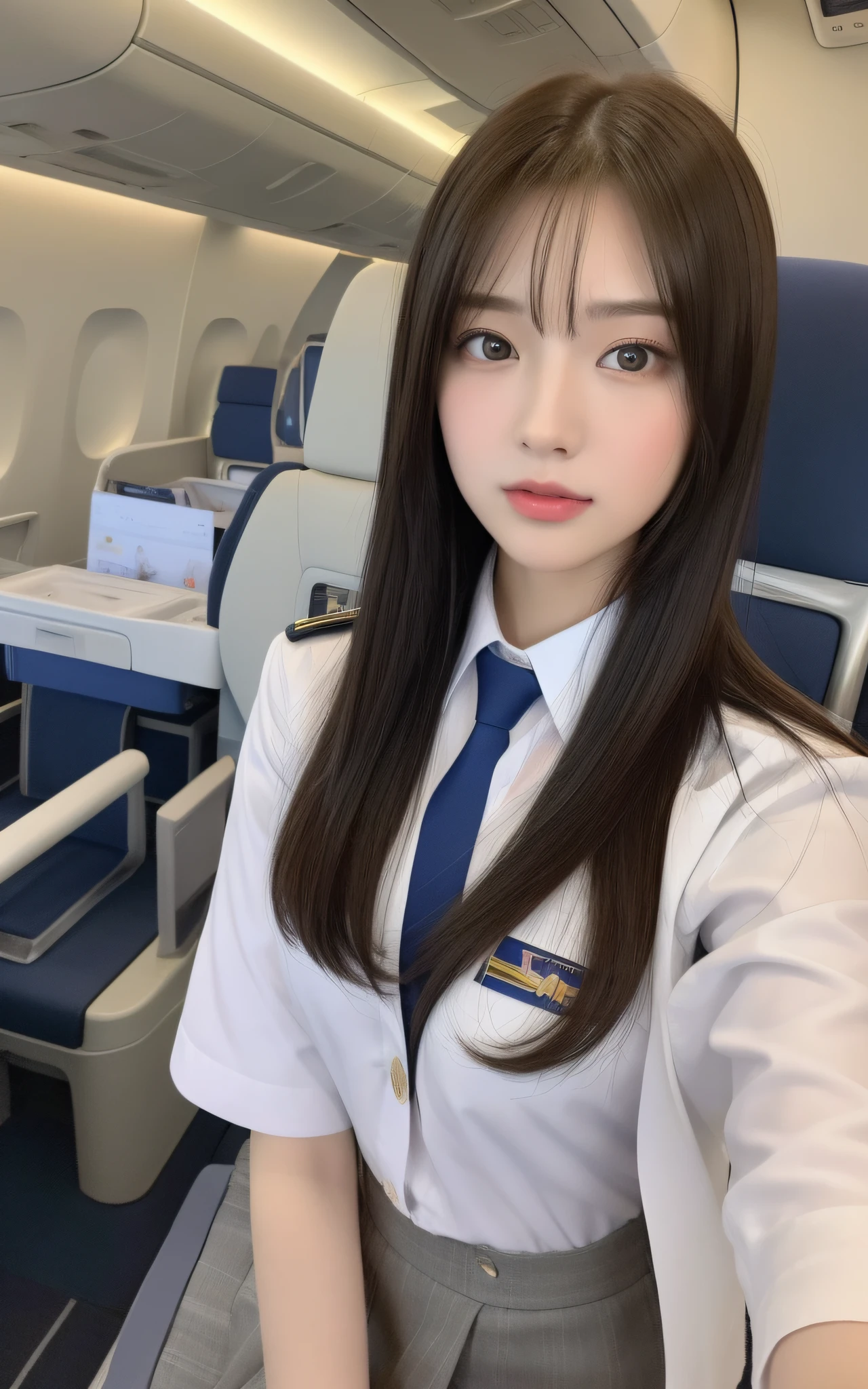 Top quality, masterpiece, 8K, Ultra High Definition, (Photorealistic: 1.4), 1 girl, beautiful face, symmetrical eyes, perfect body proportions, stewardess uniform, look at the viewer, (interior of the plane: 1.2), front view,