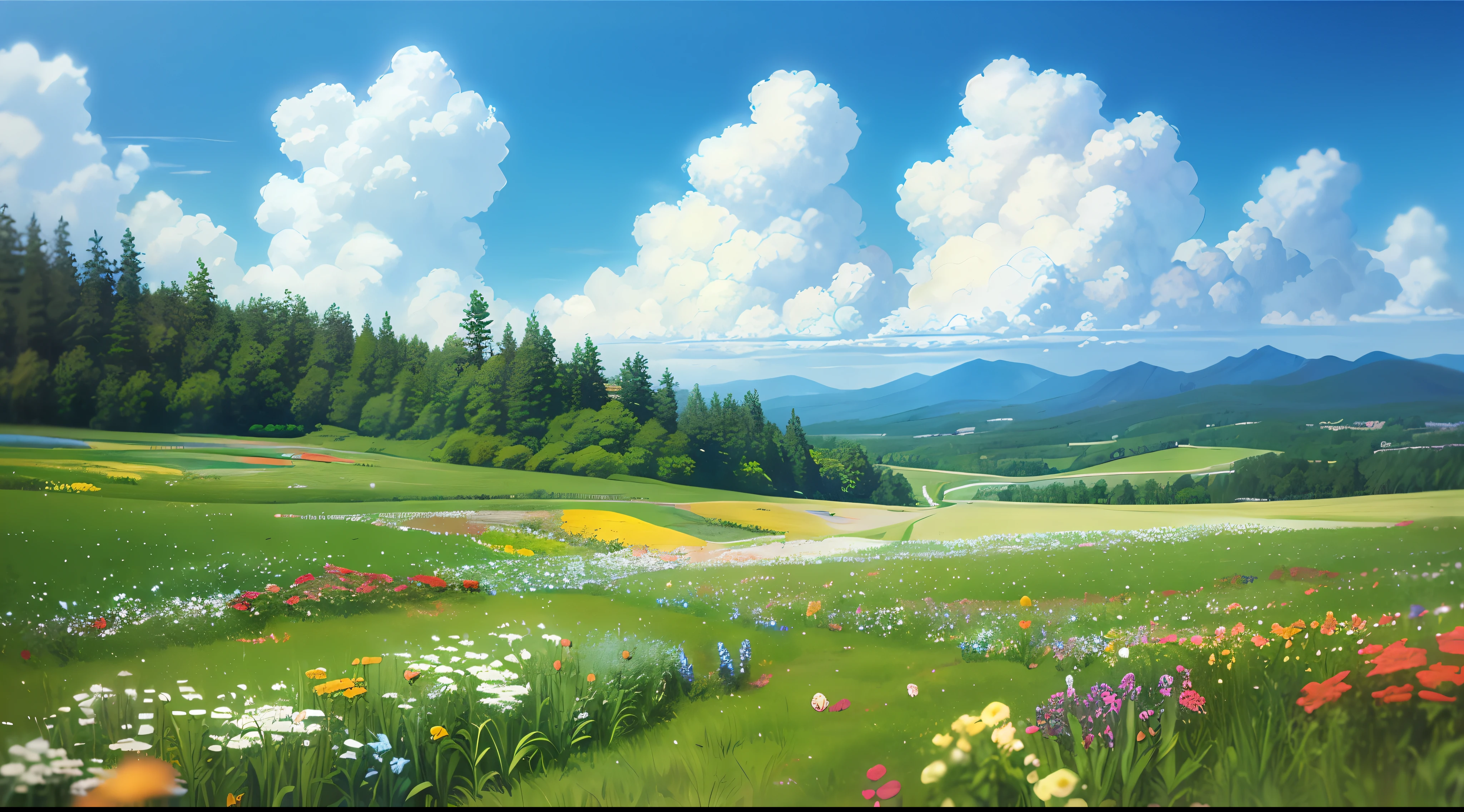 Realistic, authentic, beautiful and amazing landscape oil painting Studio Ghibli Hayao Miyazaki&#39;s petal grassland with blue sky and white clouds --v6