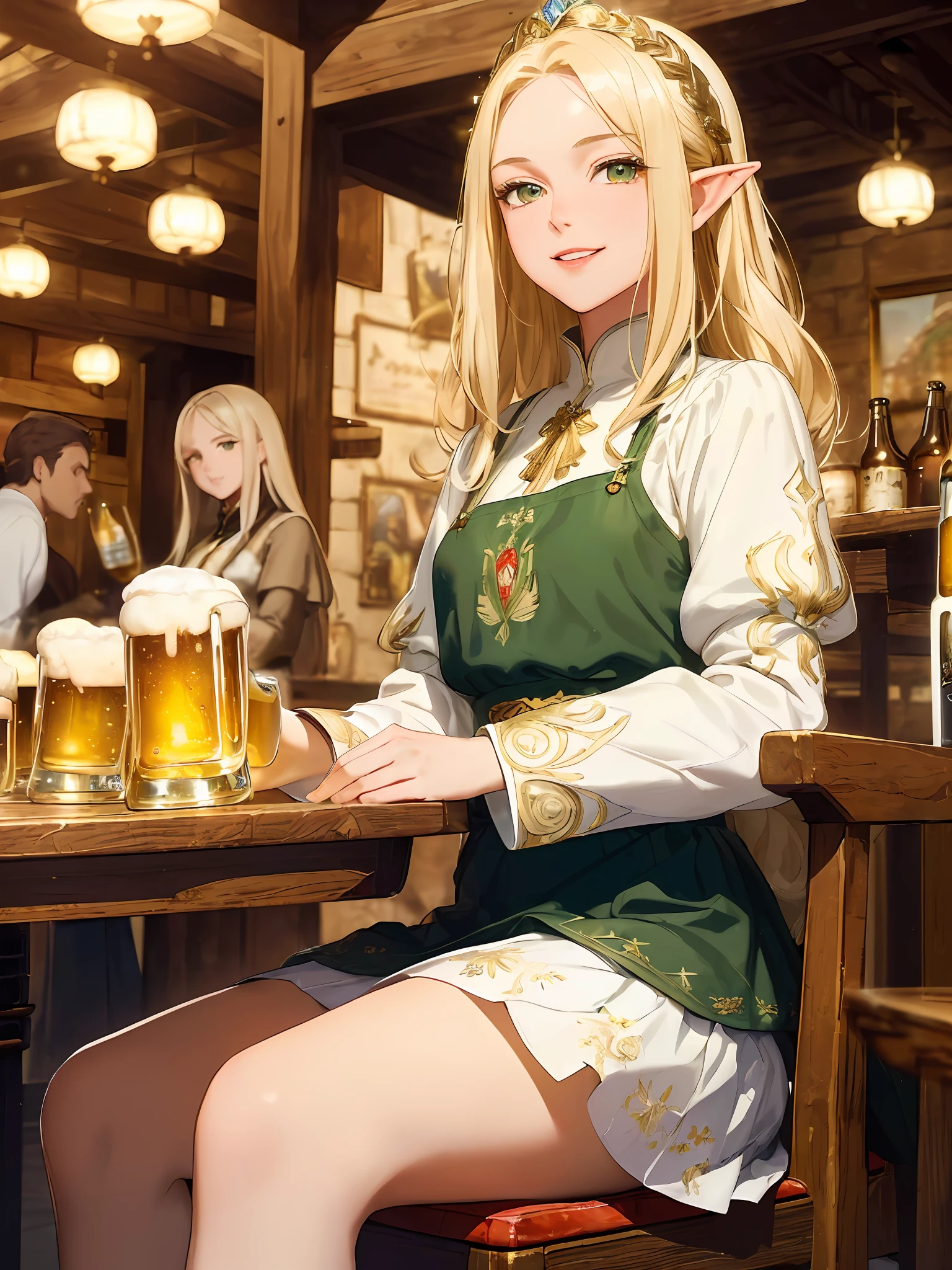 (((Masterpiece, highest quality, high definition, high detail)))), ((((Fantasy)))), one, (Elf woman)))), (short skirt of white with gold embroidery), (blonde long straight hair), (glossy dark green eyes), (green surcoat with gold embroidery), big, (((tavern of the fortified city)), (gastronomy: 1.6), vegetable salad, meat dishes, tilting the head, smiling , drunkard, ((sitting on a chair and drinking a beer mug of liquor deliciously)), particles of light are flying