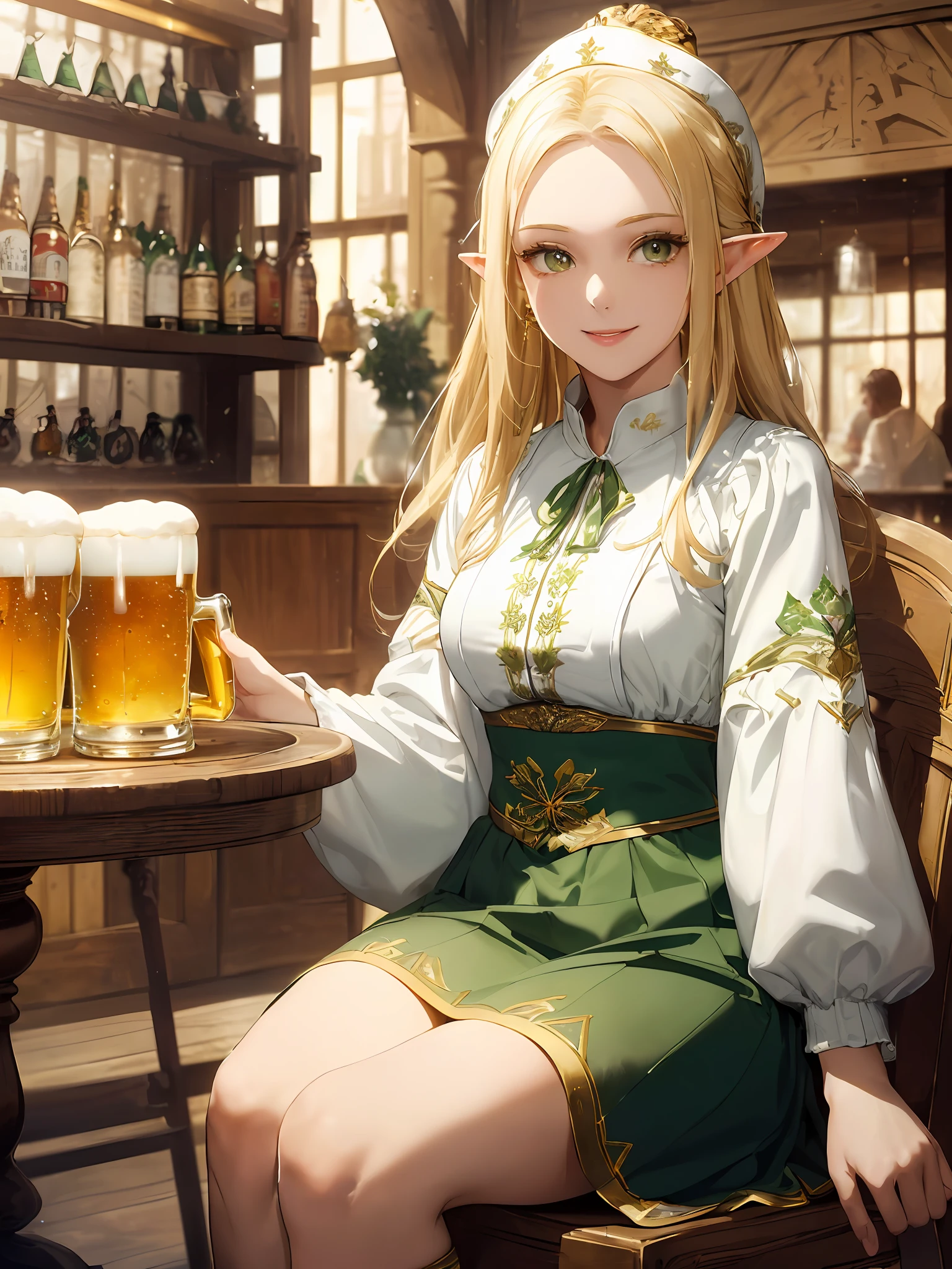 (((Masterpiece, highest quality, high definition, high detail)))), ((((Fantasy)))), one, (Elf woman)))), (short skirt of white with gold embroidery), (blonde long straight hair), (glossy dark green eyes), (green surcoat with gold embroidery), big, (((tavern of the fortified city)), (gastronomy: 1.6), vegetable salad, meat dishes, tilting the head, smiling , drunkard, ((sitting on a chair and drinking a beer mug of liquor deliciously)), particles of light are flying