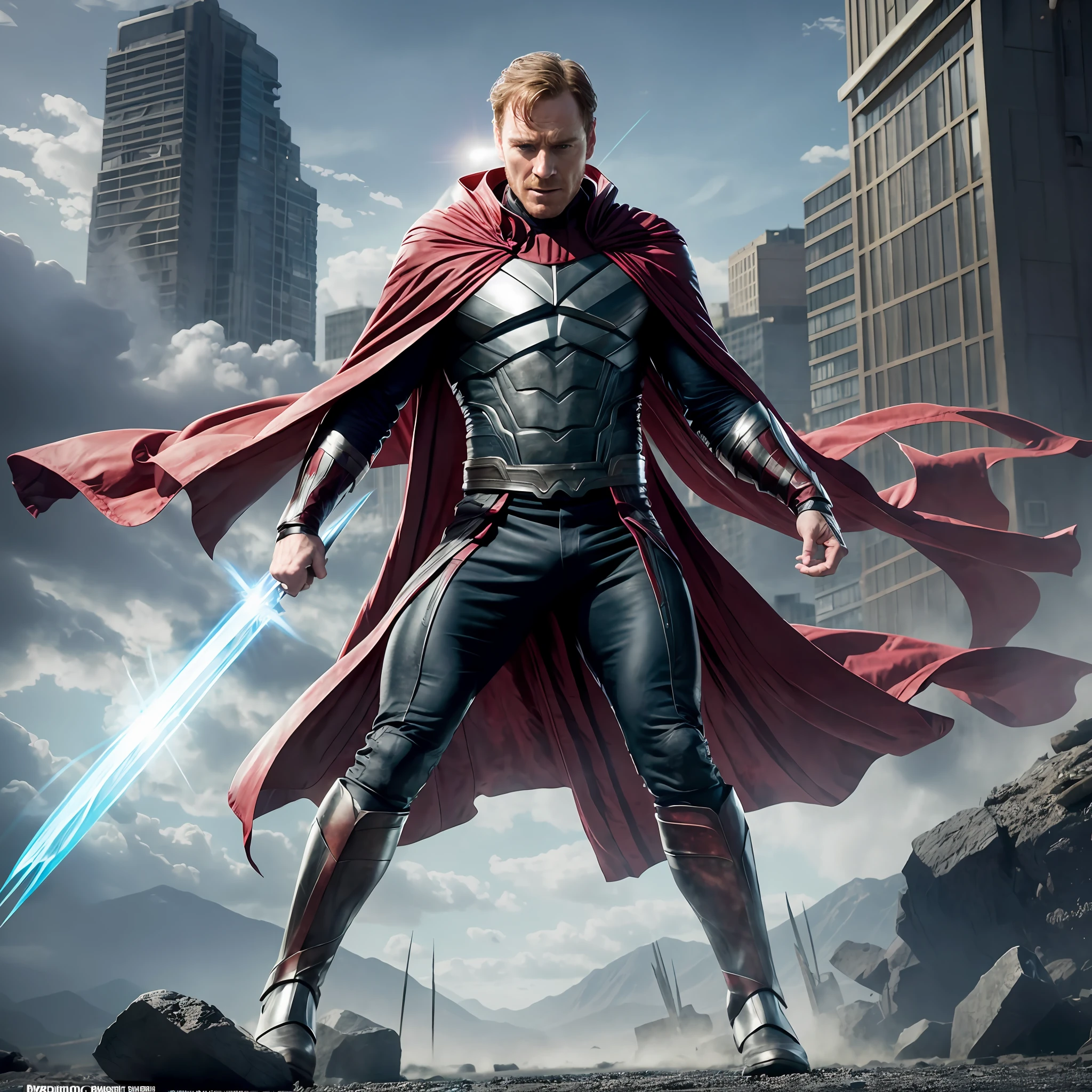 Michael Fassbender as Magneto of the X-Men, full-length, in his cape and helmet, is a great illustration, like a still from the movie X-Men