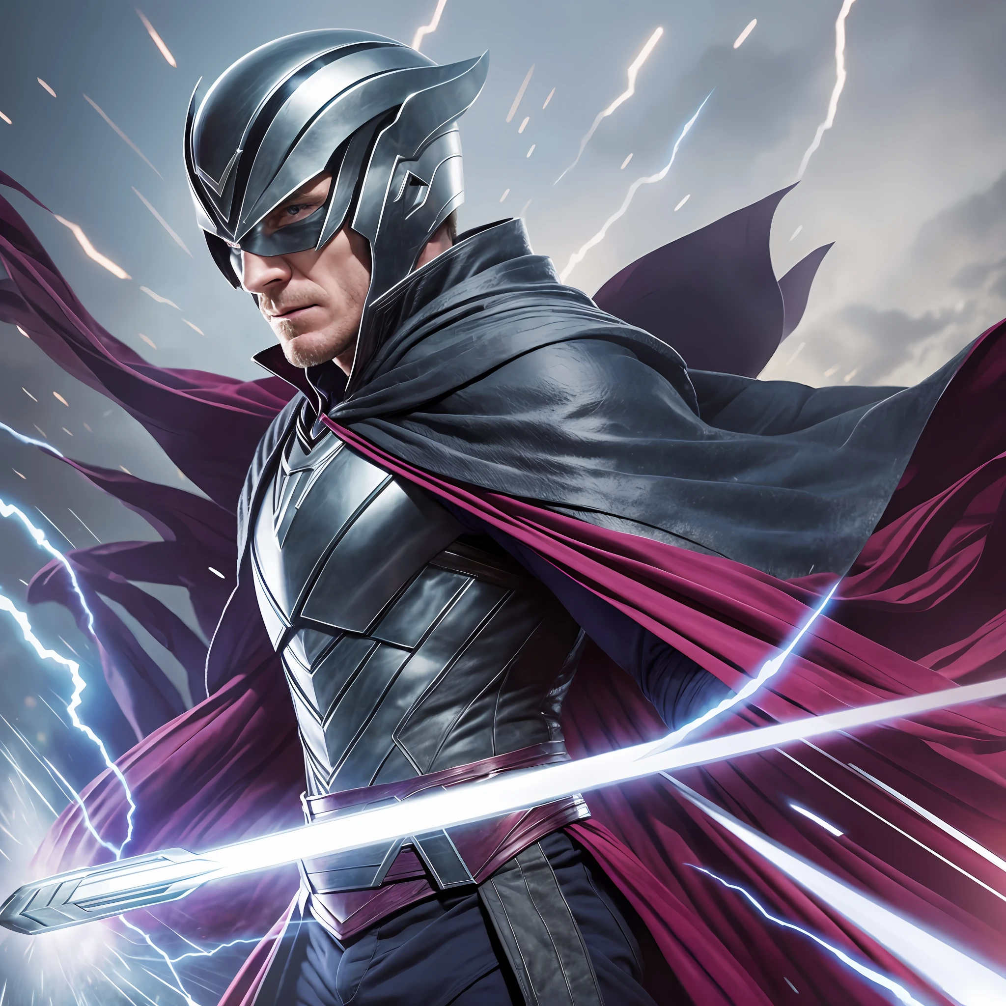 Michael Fassbender as Magneto of the X-Men, full-length, in his cape and helmet, is a great illustration, like a still from the movie X-Men