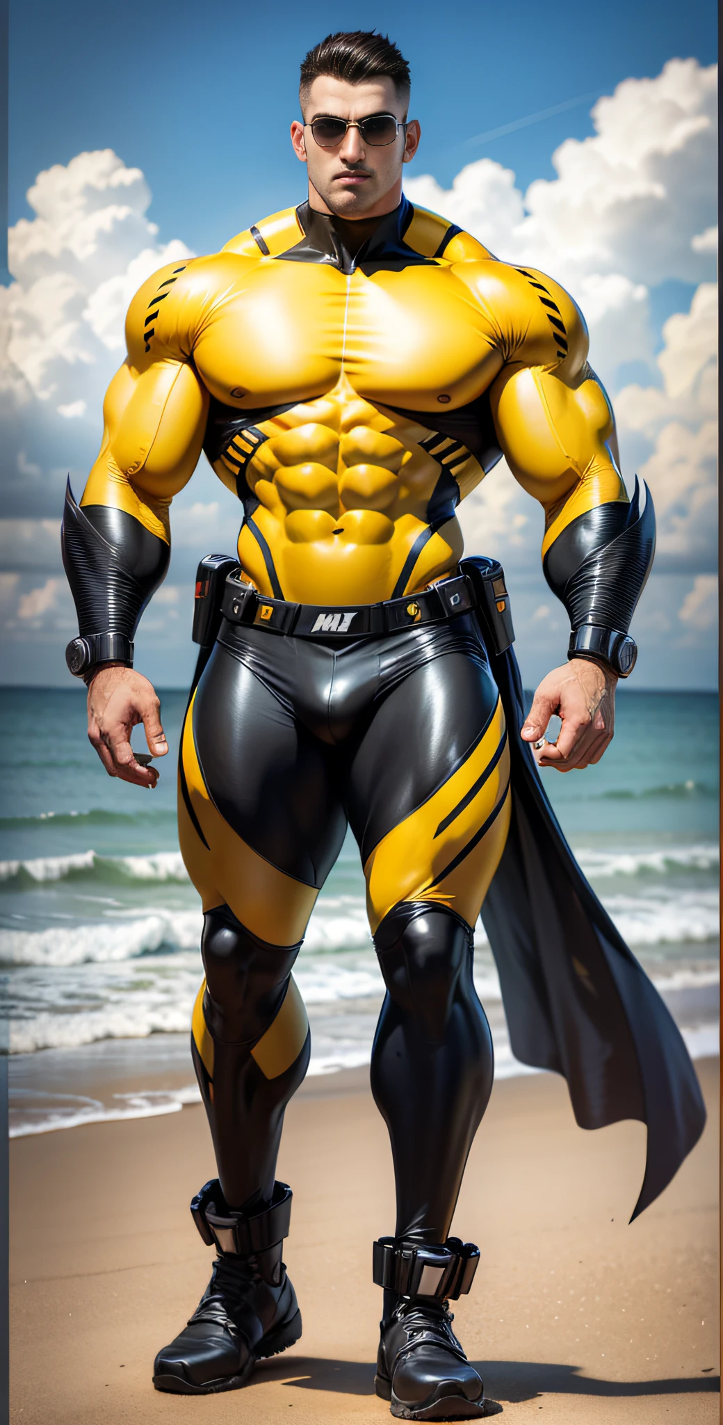 Arad man in yellow and black clothes standing on the sunny seashore, American round head, Buzz Cut, tall and burly, muscular male hero, heroic male pose, muscular! Wearing black sunglasses, spandex tight high elastic bodysuit, super buff and cool, high resolution committee, character design police, black army boots, charismatic strong male with spandex tight high elastic bodysuit
