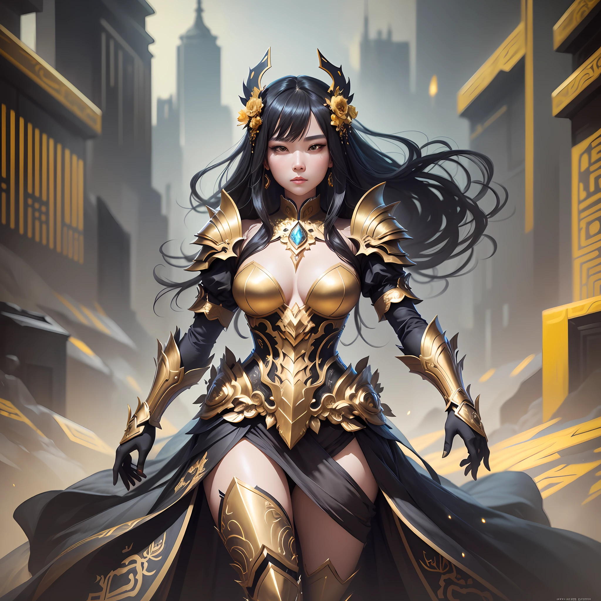 a woman in a well-detailed gold and black dress, chengwei pan on artstation, by Yang J, ghostly, detailed fantasy art, stunning character art, fanart best artstation, epic and exquisite character art, beautiful armor, extremely detailed art, detailed digital anime art, artgerm on artstation pixiv, girl in armor centered on full body image.