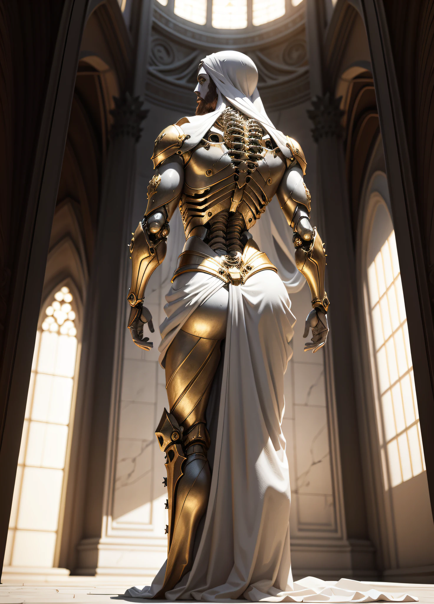 portrait of Christ, biomechanical parts, Realistic, marble statue, shy, wrapped on the sheet, octane render, dramatic lighting, christianity, side view from bottom, anatomically correct, super detailed
