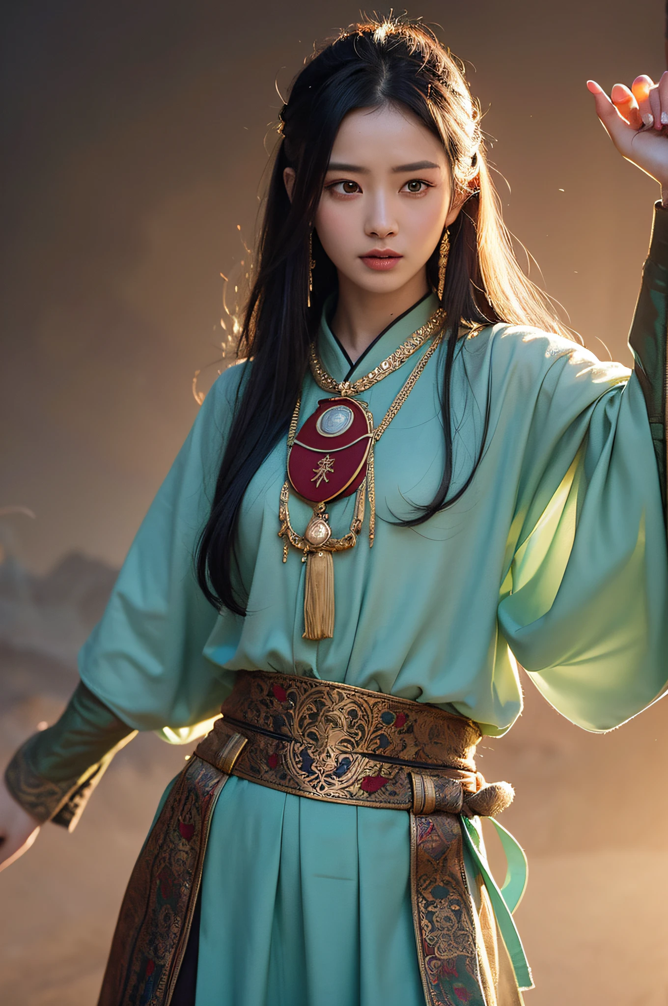 1girl, Dunhuang Flying Apsaras costume, messy long hair, Ji Jian, Dunhuang style, a lot of smoke, superb, elegant colors, (realistic, high detail, masterpiece, super detailed, dynamic angle, mural background, ink wash, amazing, movie lighting, illustration, chiaroscuro, backlighting, god rays, holland, best quality, best quality