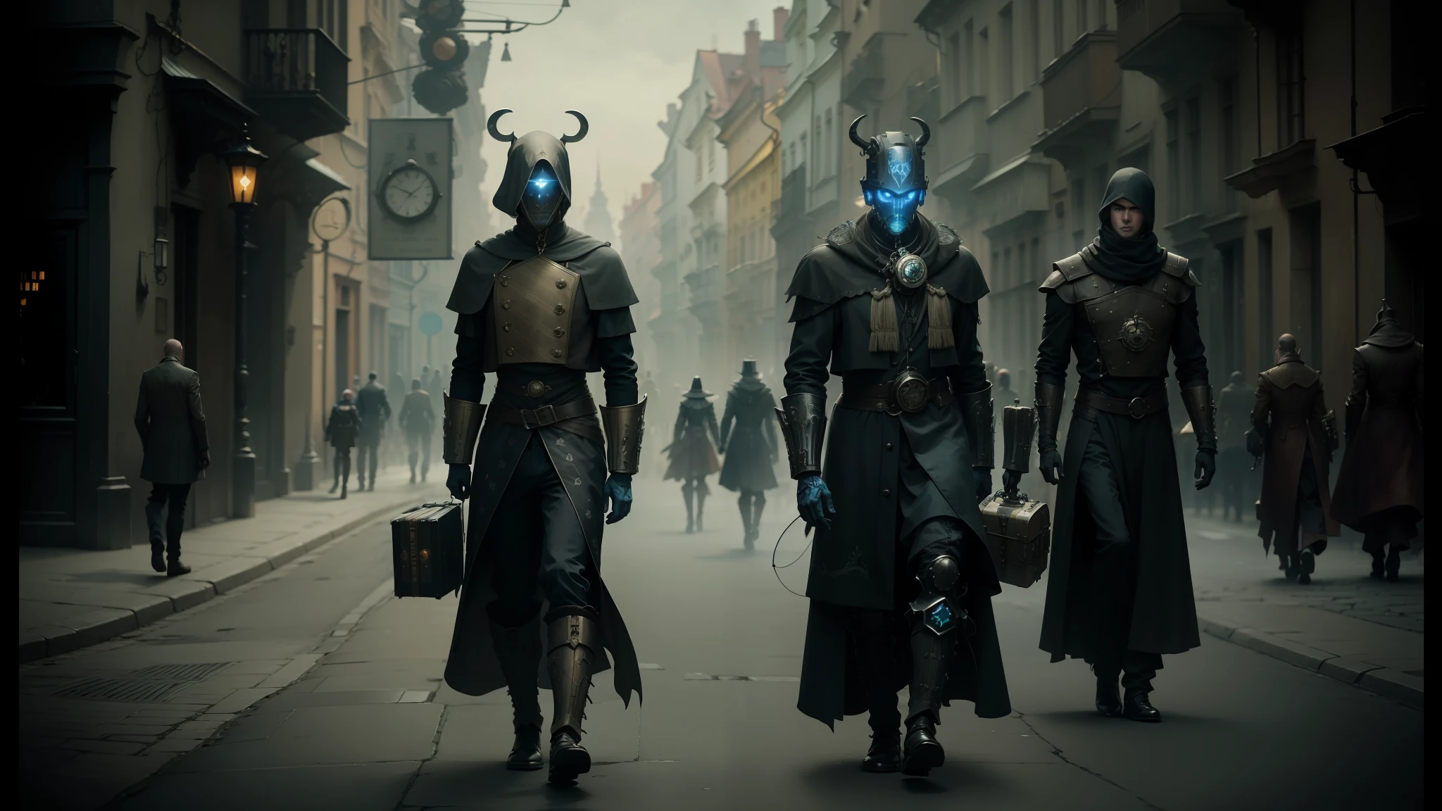 three men in costumes walking down a street with a clock on their head, intricate biopunk patterns, cinematic atmospher, by Wojciech Korneli Stattler, like lady mechanika, connected to heart machines, blue - grey gear, stopmotion animation, roaming the colony, warsaw, eldritch journalist --auto --s2