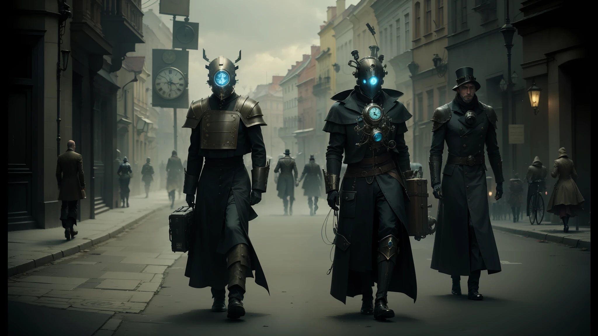 three men in costumes walking down a street with a clock on their head, intricate biopunk patterns, cinematic atmospher, by Wojciech Korneli Stattler, like lady mechanika, connected to heart machines, blue - grey gear, stopmotion animation, roaming the colony, warsaw, eldritch journalist --auto --s2