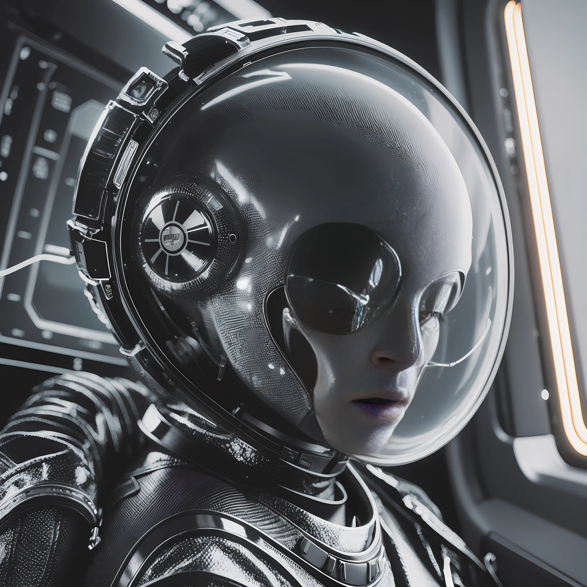 Ultra-realistic, black alien-astronaut encounter with elongated heads, danger, desperate, dying, high image quality, 8K, 32K, F1.8