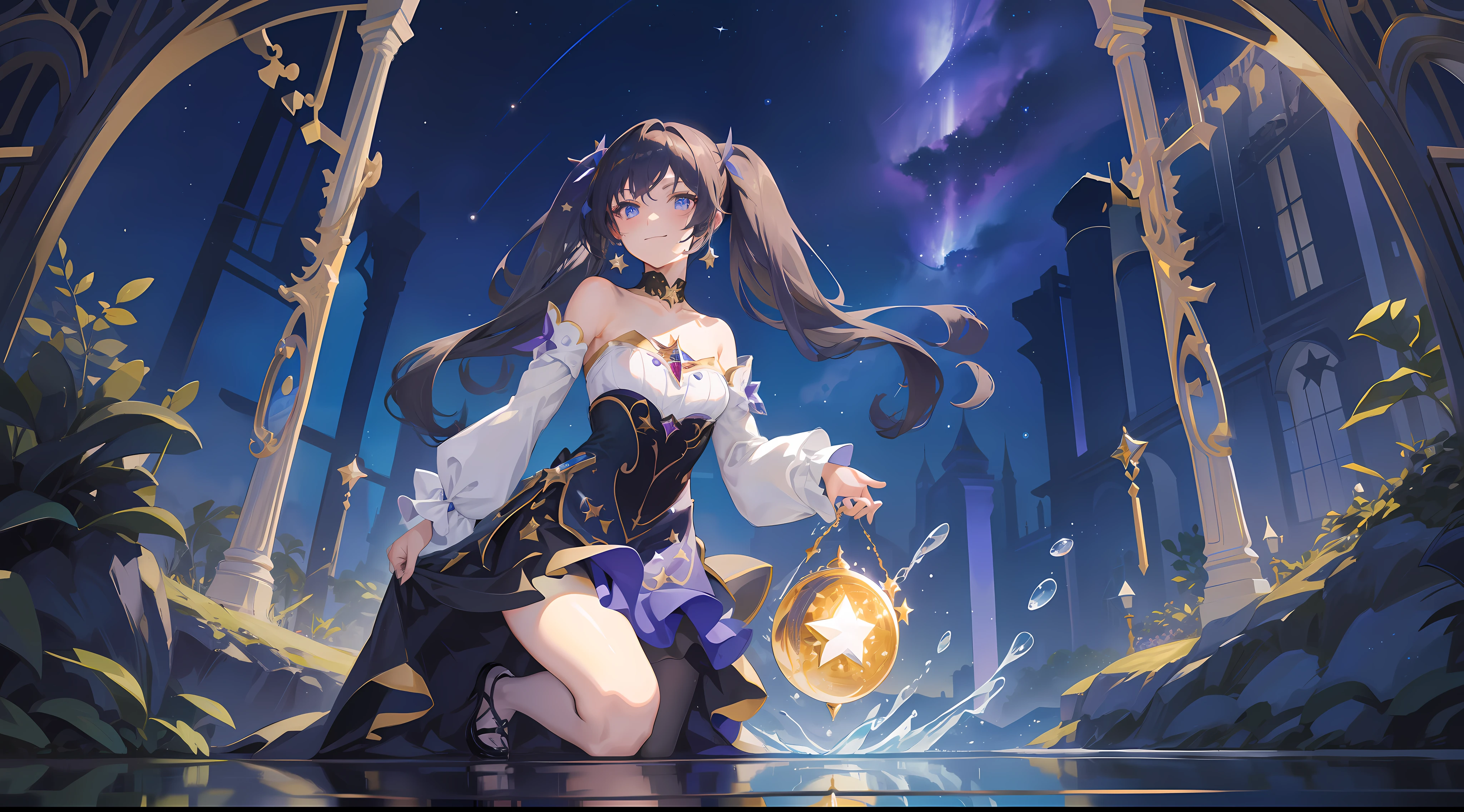 girl, solo, Mona \(Genshin Impact\), choker, hair between eyes, star \(symbol\), long hair, dark purple hair, twintails, blue eyes, shining eyes, smile, mysterious, jewelry, witch, maid, bangs, purple black dress, purple skirt, white apron, landscape, night sky, star \(sky\), starry sky, night, outdoor, clouds, reflection, water, magic, tarot, water magic, ((beautiful golden crystal star)), space, water drops,  Splash, looks up