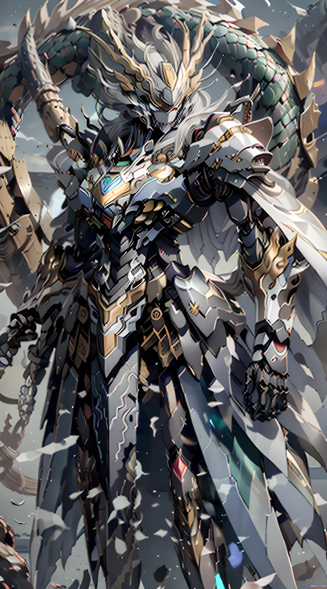 Masterpiece, realism, super high detail, high quality, high image quality, super high resolution, master work, cinematic detail, j-mecha line refinement, 4k, 3D, background refinement, background is not blurred, hands are delicate, facial features are perfect, (realistic fingers: 1.2), (black and white damask special-shaped mecha + green glowing eyes: 1.2 + black and red long cloak: 1.2 + flowing + red glowing long sword), (delicate mecha mask covered + silver and white long ponytail)) mecha, (((sword on the ground: 1.3), ( Mecha Metallic Luster: 1.2)), with a mechanical feel and metallic luster. Standing sideways, ((evening: 0.9, twilight: 1.1), ((Spooky dragon: 0.9, Ruins: 1.2, Barren mountains: 1.1, Rainforest: 1.1): 1.2), Chinese dragon hovering on side: 1.2, sideways photo, bust photo