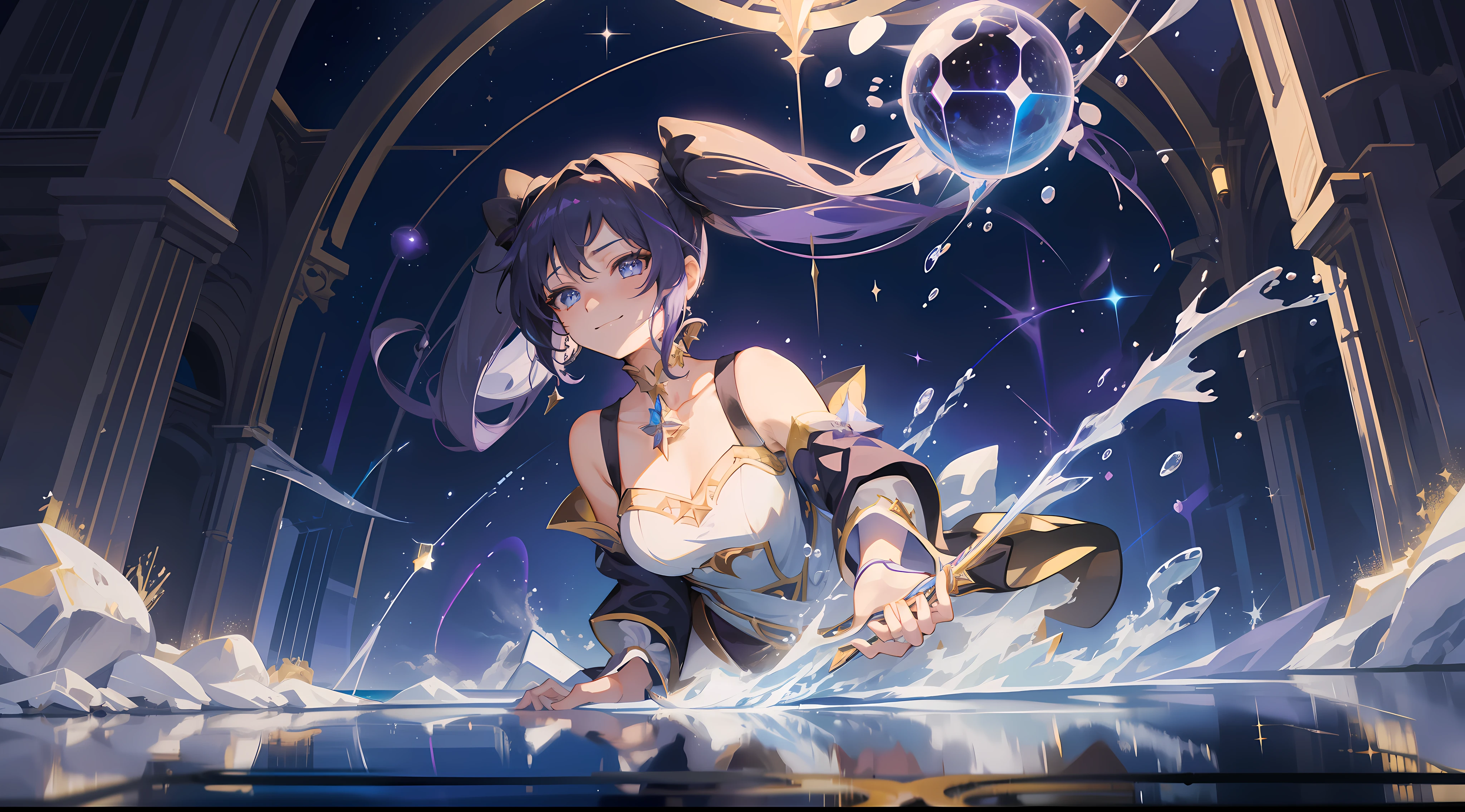 girl, solo, Mona \(Genshin Impact\), choker, hair between eyes, star \(symbol\), long hair, dark purple hair, twintails, blue eyes, shining eyes, smile, mysterious, jewelry, witch, maid, bangs, purple black dress, purple skirt, white apron, landscape, night sky, star \(sky\), starry sky, night, outdoor, clouds, reflection, water, magic, tarot, water magic, ((beautiful golden crystal star)), space, water drops,  Splash, looks up