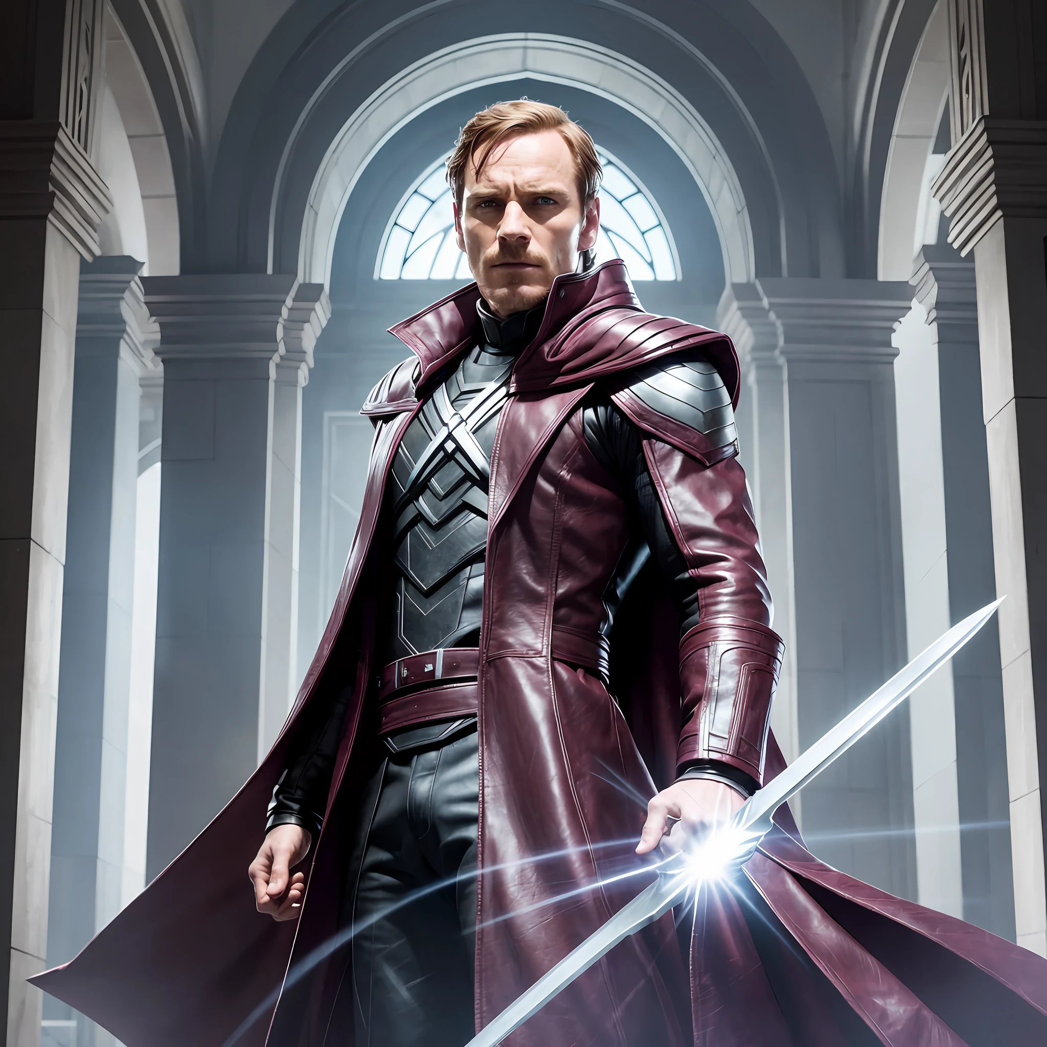 Michael Fassbender as Magneto of the X-Men, full-length, Magneto's helmet, leather burgundy cloak with a hood, excellent illustration as a frame from the movie X-Men, super detail, magical effects, dynamic scene