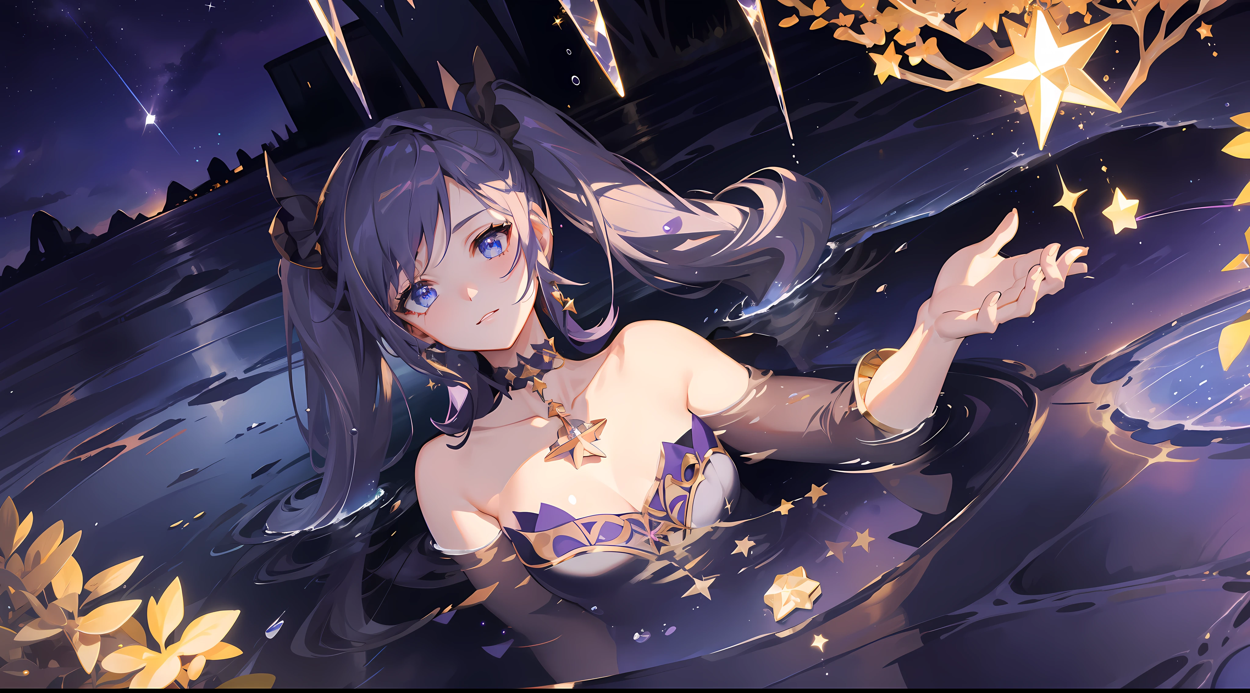 girl, solo, Mona \(Genshin Impact\), choker, hair between eyes, star \(symbol\), long hair, dark purple hair, twintails, blue eyes, shining eyes, jewelry, witch, maid, bangs, purple black dress, purple skirt, white apron, landscape, night sky, star \(sky\), starry sky, night, outdoor, clouds, reflection, water, magic, tarot, water magic, ((beautiful golden crystal star)), space, water drops, splash