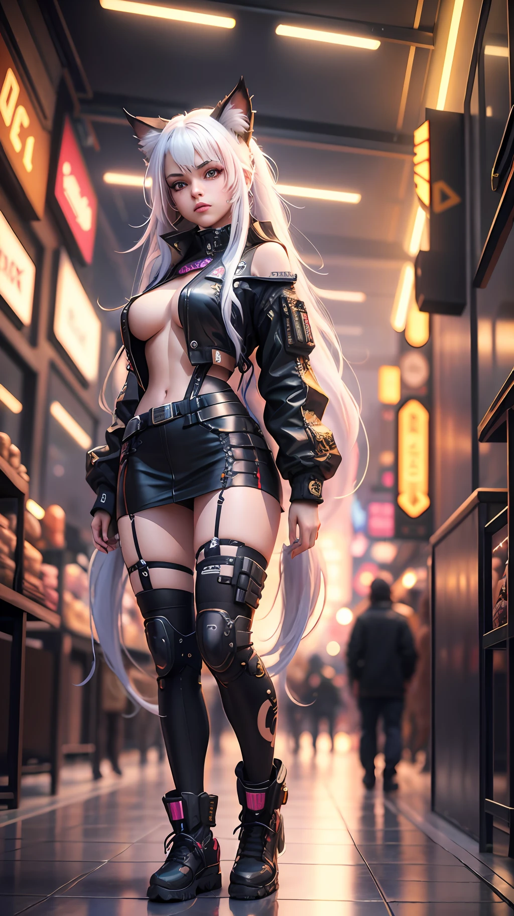 a beautiful photorealistic cyberpunk catgirl with long white hair standing in crowded cyberpunk marketplace, ((Best quality)), ((masterpiece)), (detailed: 1.4), 3D, cyberpunk