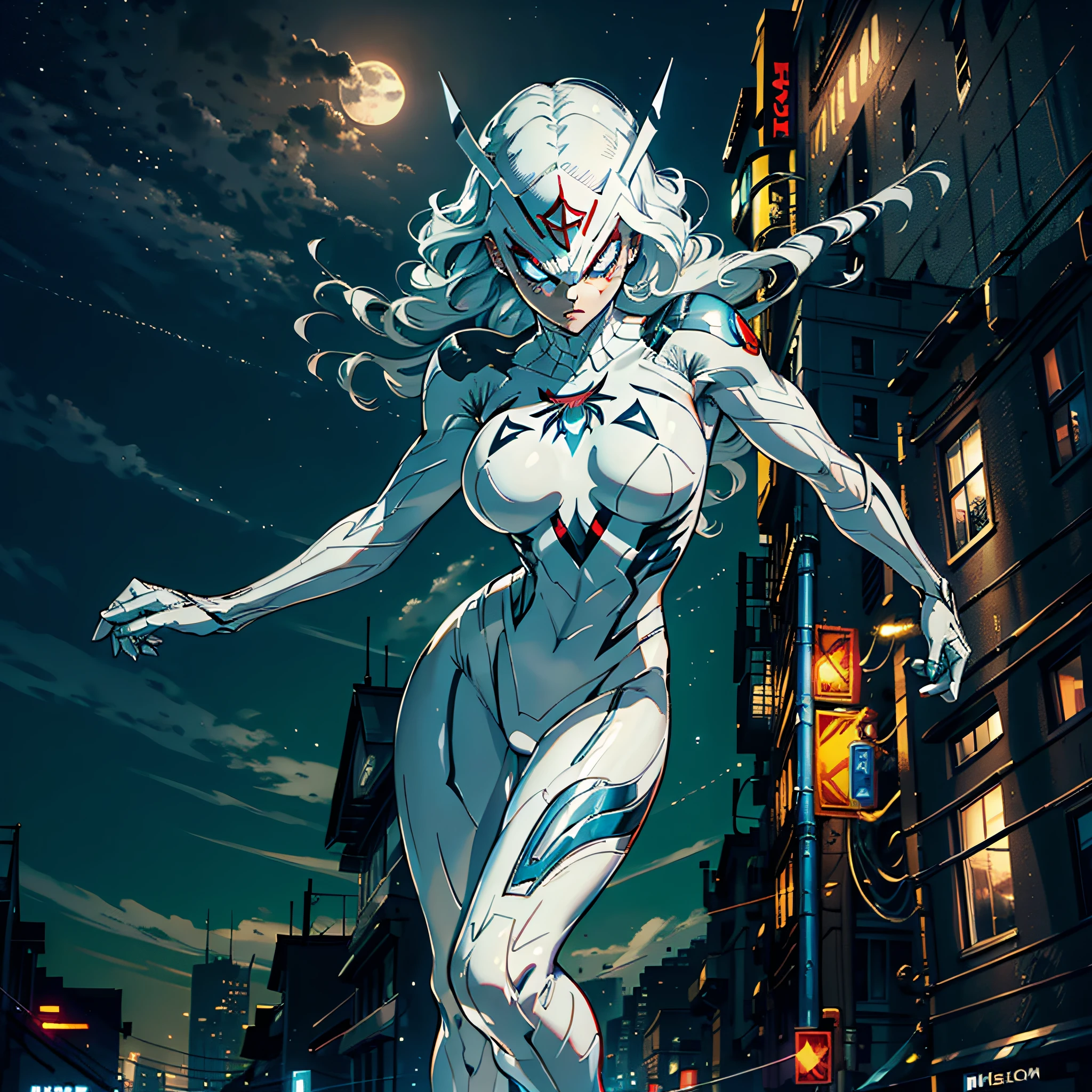 Margot Robbie (Masterpiece, 4k resolution, ultra-realistic, very detailed), (White superhero theme, charismatic, there's a girl at the top of town, wearing Spider-Man costume, she's a superhero), [ (25 years), (long white hair:1.2), full body, (blue eyes:1.2), ((Spider-Man pose),show of strength, jumping from one building to another), ((sandy urban environment):0.8)| (cityscape, at night, dynamic lights), (full moon))] # Explanation: The Prompt mainly describes a 4K painting of ultra-high definition, very realistic, very detailed. It shows a superheroine at the top of the city, wearing a Spider-Man costume. The theme in the painting is a white superhero theme, the female protagonist has long white hair, is 25 years old and her entire body is shown in the painting. In terms of portraying the actions of superheroines, spiders are employed