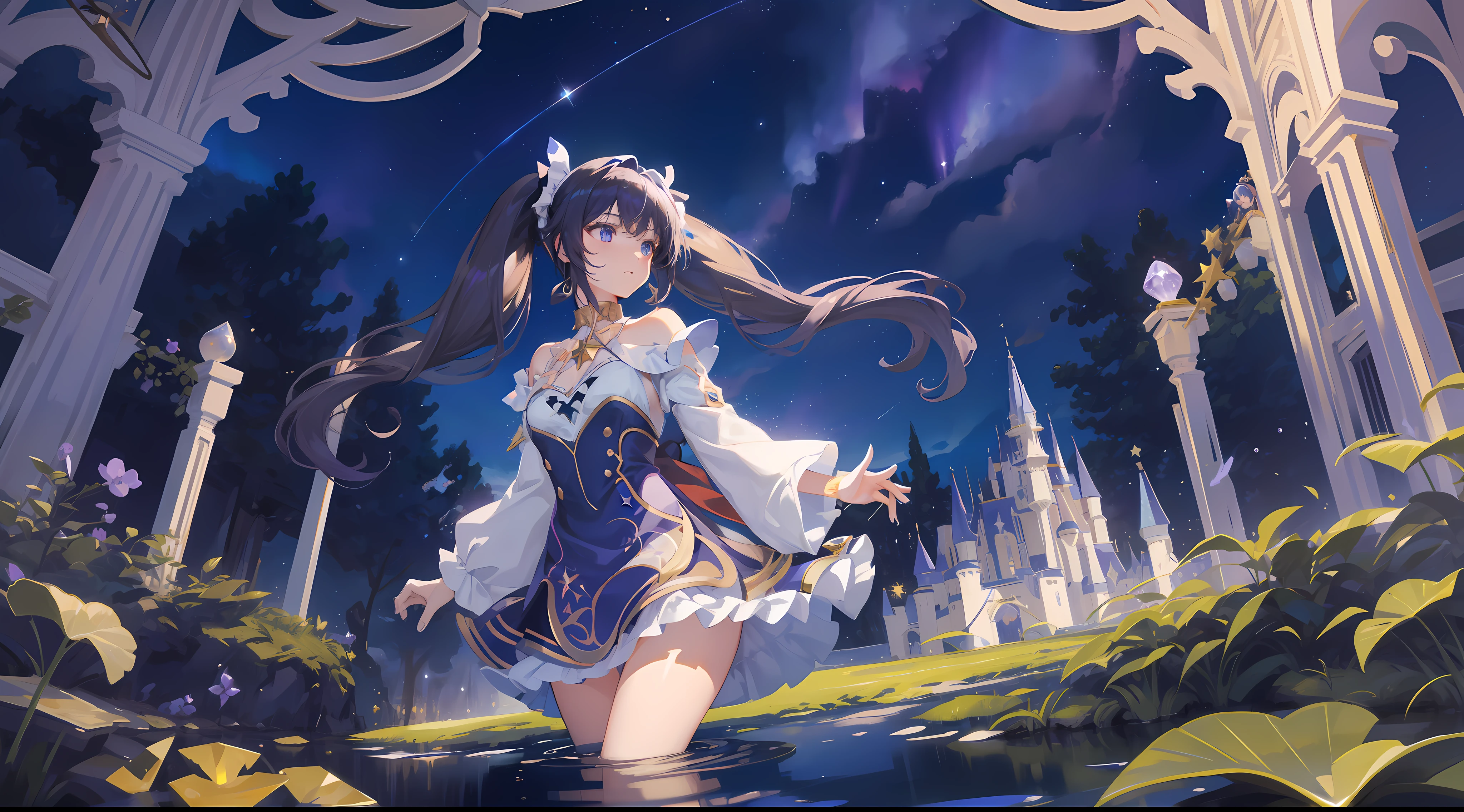 girl, on the left, looking at the sky, solo, Mona \(Genshin Impact\), choker, hair between eyes, star \(symbol\), long hair, dark purple hair, twintails, blue eyes, shining eyes, jewelry, witch, maid, bangs, purple black dress, purple skirt, white apron, landscape, night sky, star \(sky\), starry sky, night, outdoor, clouds, reflection, water, magic, tarot, water magic, ((beautiful golden crystal star)), space, water droplets, splash