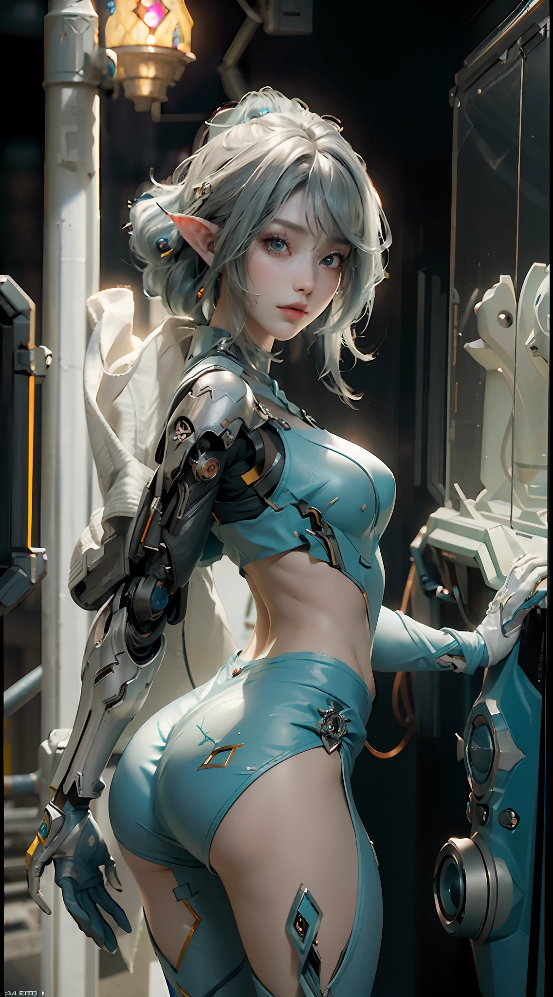 ((Best Quality)), ((masterpiece)), (detailed: 1.4), 3D, an image of a beautiful cyberpunk woman elf cyborg wearing dolphin shorts, HDR (High Dynamic Range),Ray Tracing,NVIDIA RTX,Super-Resolution,Unreal 5,Subsurface scattering, PBR texture, Post-processing, Anisotropic filtering, Depth of field, Maximum clarity and sharpness, Multilayer textures, Albedo and specular maps, Surface shading, Accurate simulation of light-material interaction, Perfect Proportions, Octane Render, Two-Tone Lighting,Wide Aperture,Low ISO,White Balance,Rule of Thirds,8K RAW,