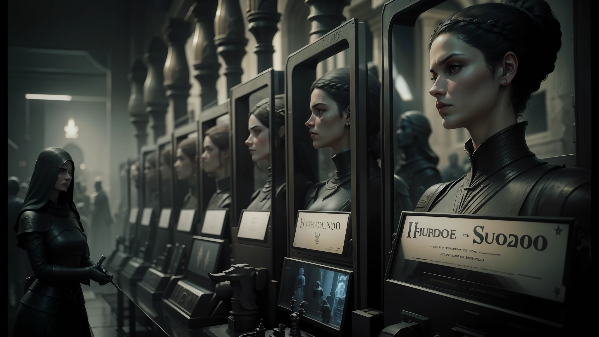 there are many statues of women in a row in a museum, film still from dune 2020, daguerrotype, necromunda, nekro petros afshar, shopwindows, .highly realistic, shot from game of thrones, propaganda style, avedon, arcade game, inspired by Hristofor Zhefarovich, faces --auto --s2
