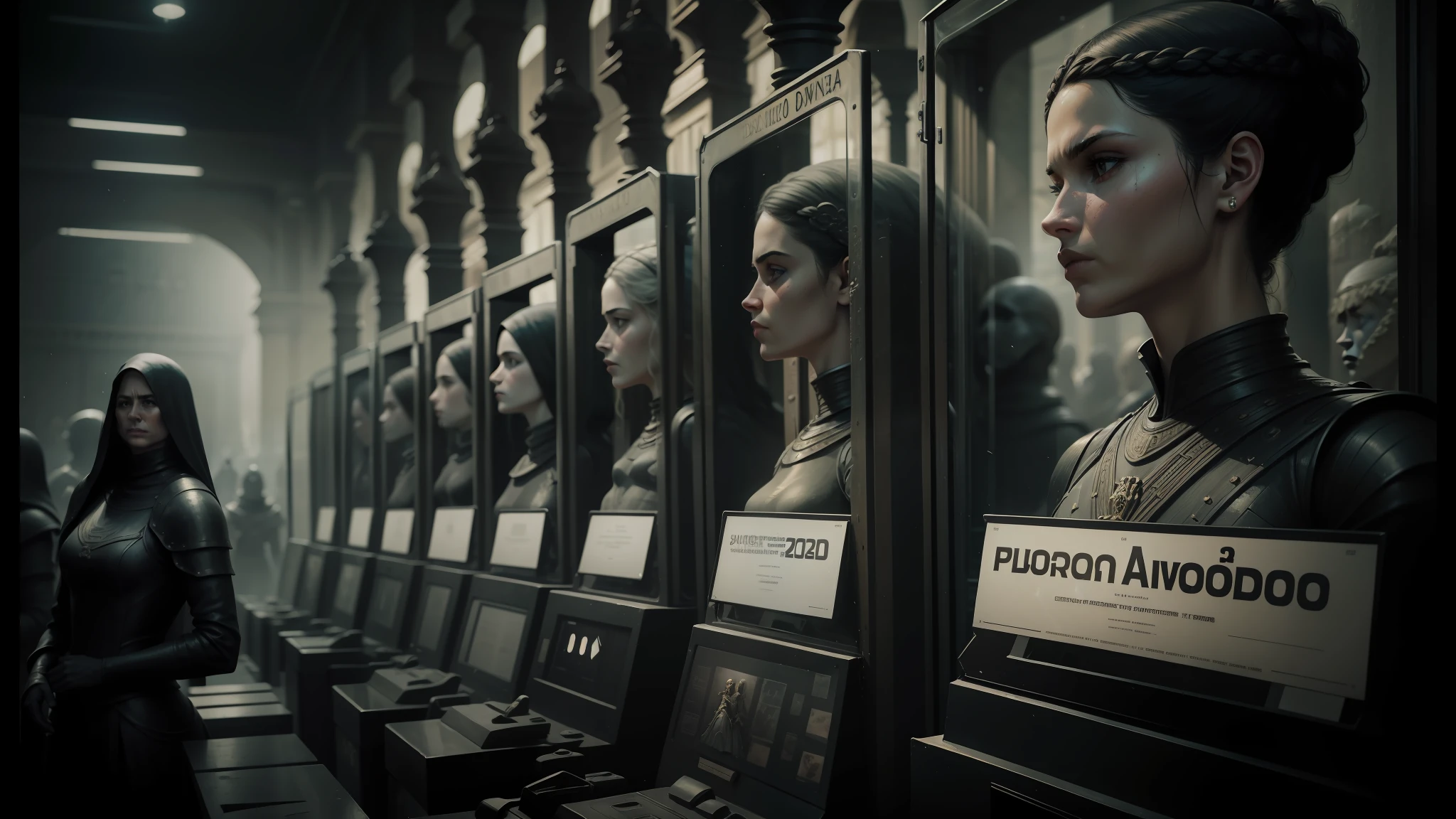 there are many statues of women in a row in a museum, film still from dune 2020, daguerrotype, necromunda, nekro petros afshar, shopwindows, .highly realistic, shot from game of thrones, propaganda style, avedon, arcade game, inspired by Hristofor Zhefarovich, faces --auto --s2