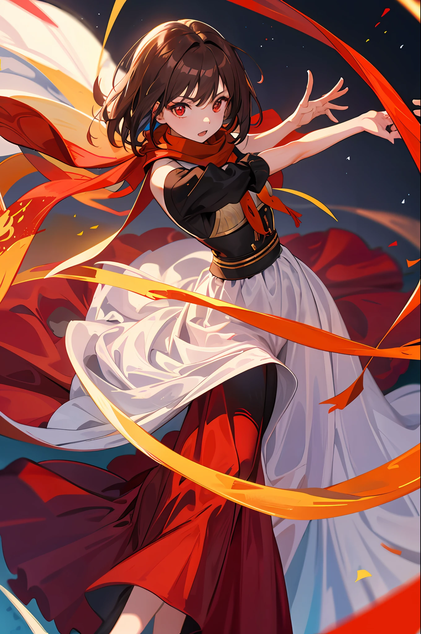 1girl, dancer with brown hair, red eyes, colorful scarves, fabrics come out of her sleeves, she wears a long skirt cut in the middle, she has the power to control the fabrics
