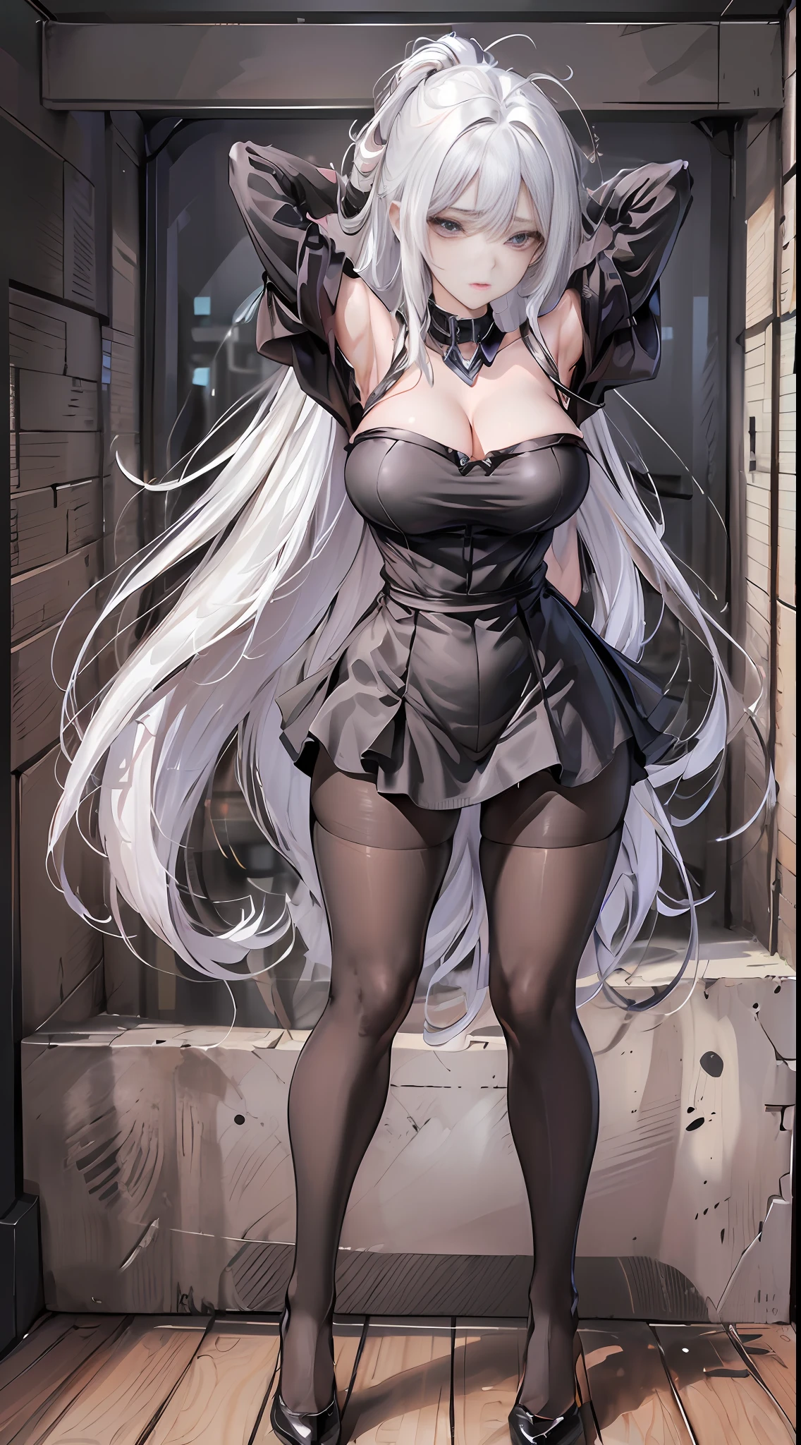 full body,(spread legs:1.5),Cinematic Lighting,(arms behind head:1.5),look at viewer,(shiny skin:1.2),shiny pantyhose,beautiful face, highly detailed,official art, extremely detailed CG unity 8k wallpaper,best quality,((masterpiece)),(Detailed eyes1.2),absurdres, incredibly absurdres, huge filesize,ultra-detailed, extremely detailed, beautiful detailed girl, beautiful detailed eyes,1girl,solo,kawaii,bare_shoulders,(off-shoulder shirt:1.2),microskirt,((black pantyhose)),(black legwear:1.2),heart in eye,long hair,(white hair:1.2),streaked hair,messy_hair,(huge:1.2) breasts,hair_bow,collar,Thick coating