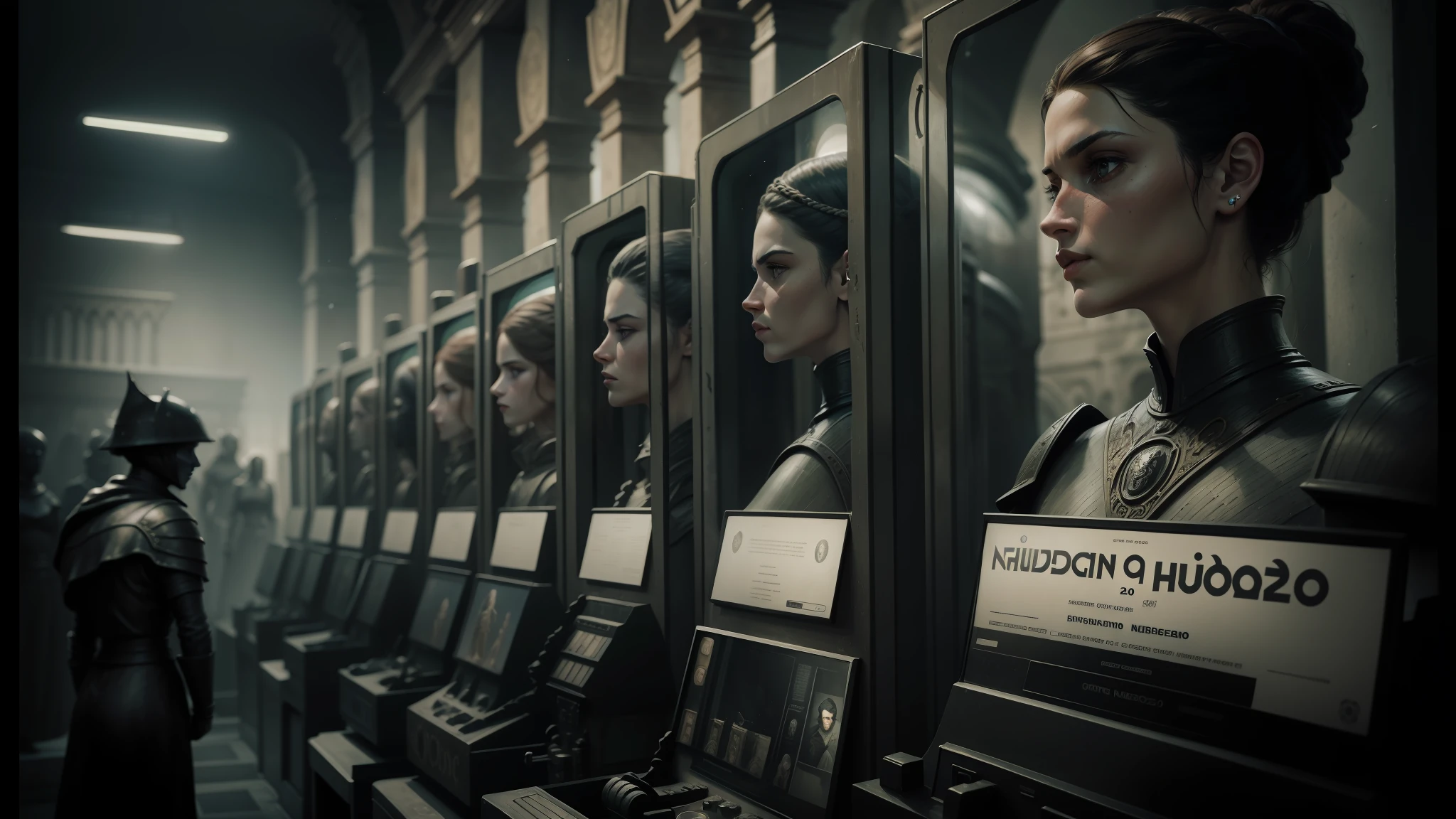 there are many statues of women in a row in a museum, film still from dune 2020, daguerrotype, necromunda, nekro petros afshar, shopwindows, .highly realistic, shot from game of thrones, propaganda style, avedon, arcade game, inspired by Hristofor Zhefarovich, faces --auto --s2