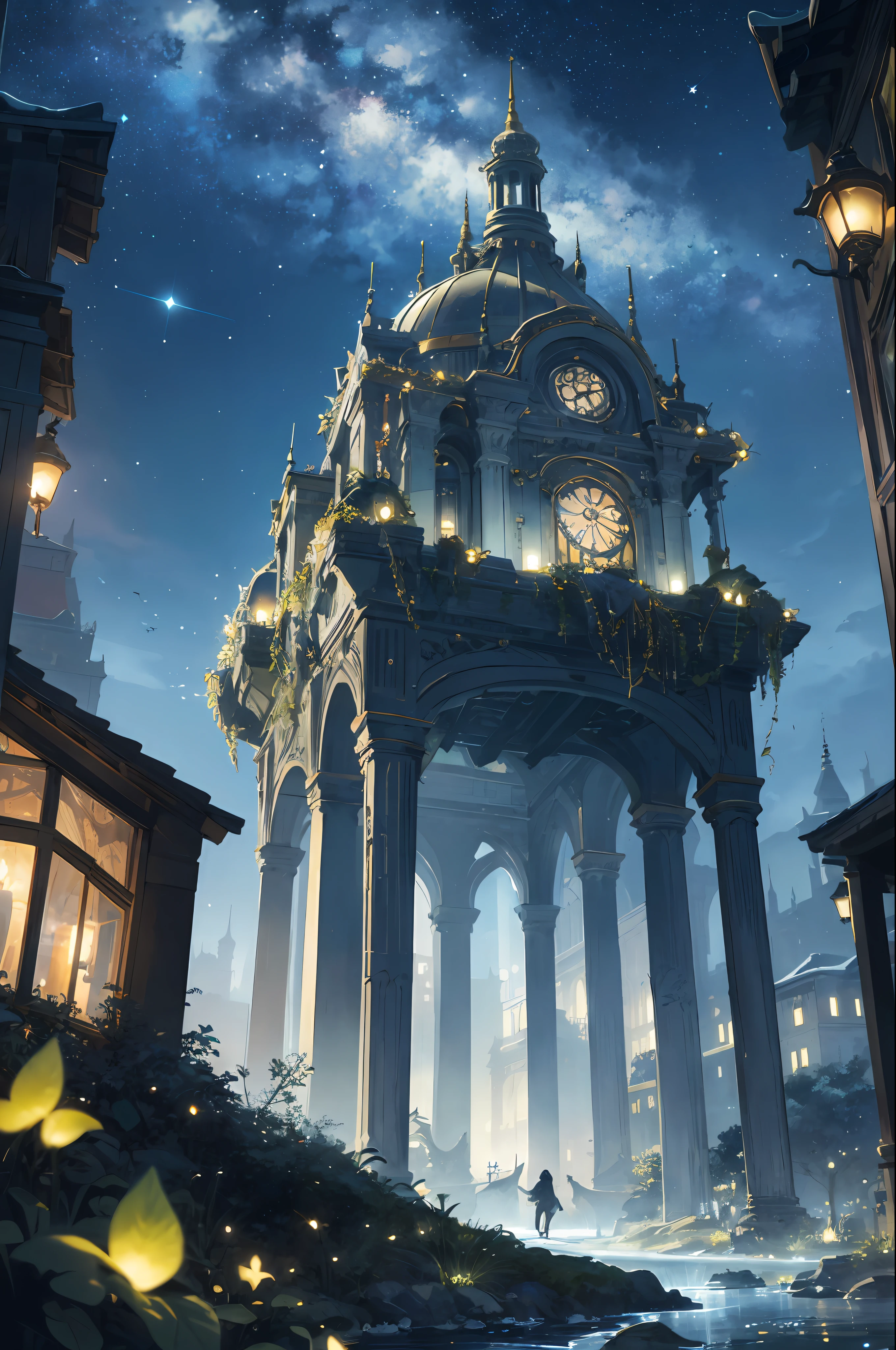 As twilight blankets the realm, the heavens come alive with a celestial spectacle. Countless stars twinkle like shimmering diamonds, their ethereal glow casting a soft illumination upon the landscape. The moon, radiant and full, bathes everything in a gentle silver light, accentuating the enchantment that lies within.

At the heart of the composition stands a majestic mechanical frog—a testament to both artistry and engineering prowess. Crafted with meticulous detail, its metallic frame gleams in the moonlight, adorned with ornate patterns and intricate engravings. Gears and mechanisms intertwine seamlessly, bringing the creature to life with graceful movements.

Perched atop the frog's sturdy back rests a miniature city, a mesmerizing marvel of human innovation and imagination. Towering skyscrapers adorned with neon lights reach towards the heavens, their vibrant hues painting the night sky with a kaleidoscope of colors. Tiny windows flicker like stars, revealing glimpses of bustling activity within the city's vibrant streets.

As the mechanical frog traverses the landscape, its steps create a gentle rhythmic hum that reverberates through the air—a symphony of wonder and possibility. Each hop is a delicate dance, leaving behind a trail of glittering stardust that twinkles like a celestial pathway, guiding the frog and its extraordinary cargo.

The surrounding environment is a harmonious blend of nature and fantasy. Lush greenery and blooming flowers flourish beneath the moon's gentle gaze, their petals embracing the night with delicate fragrances. Majestic trees, their branches adorned with luminescent moss, stand sentinel, casting surreal shadows upon the landscape.

A winding river meanders through the scene, its waters mirroring the starry spectacle above. It whispers secrets as it flows, weaving a tale that only those who listen closely can understand. Along its banks, fireflies illuminate the darkness with their gentle glow, their enchanting light creating a m