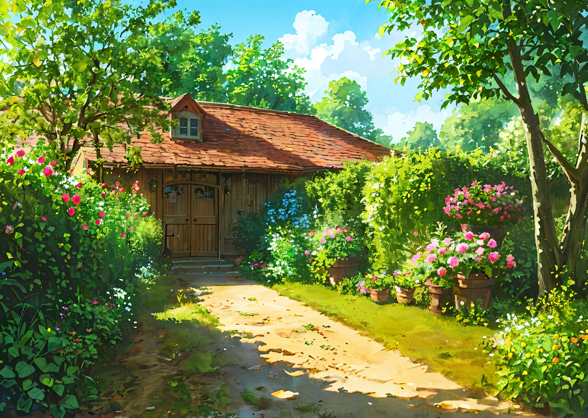 (((high quality))), highly_detailed, extremely_detailed_CG_unity_8k_wallpaper, illustration, highres, absurdres, high saturation, clear, rational construction, cartoon style, brick_wall, construction, shrub, day, door, fence, field, flower, flower_field, garden, grass, house, nature, no_humans, outdoor, path, pink_flower, plant, potted_plant, road, landscape, sunflower, tree, tree_stump, light colors, watercolour