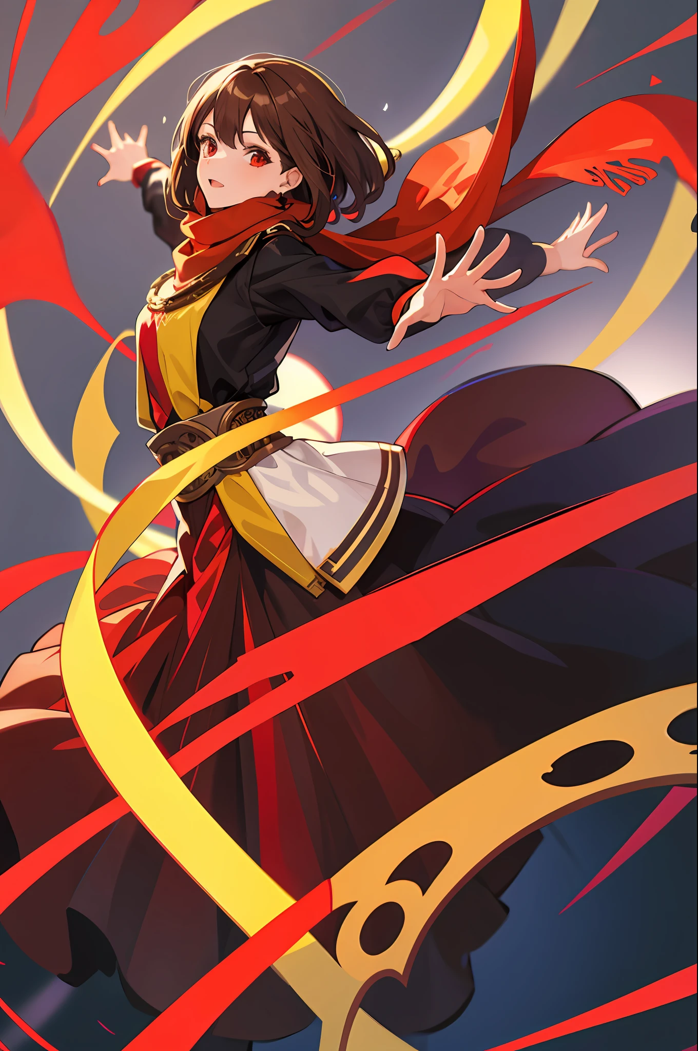 1girl, dancer with brown hair, red eyes, colorful scarves, fabrics come out of her sleeves, she wears a long skirt cut in the middle, she has the power to control the fabrics