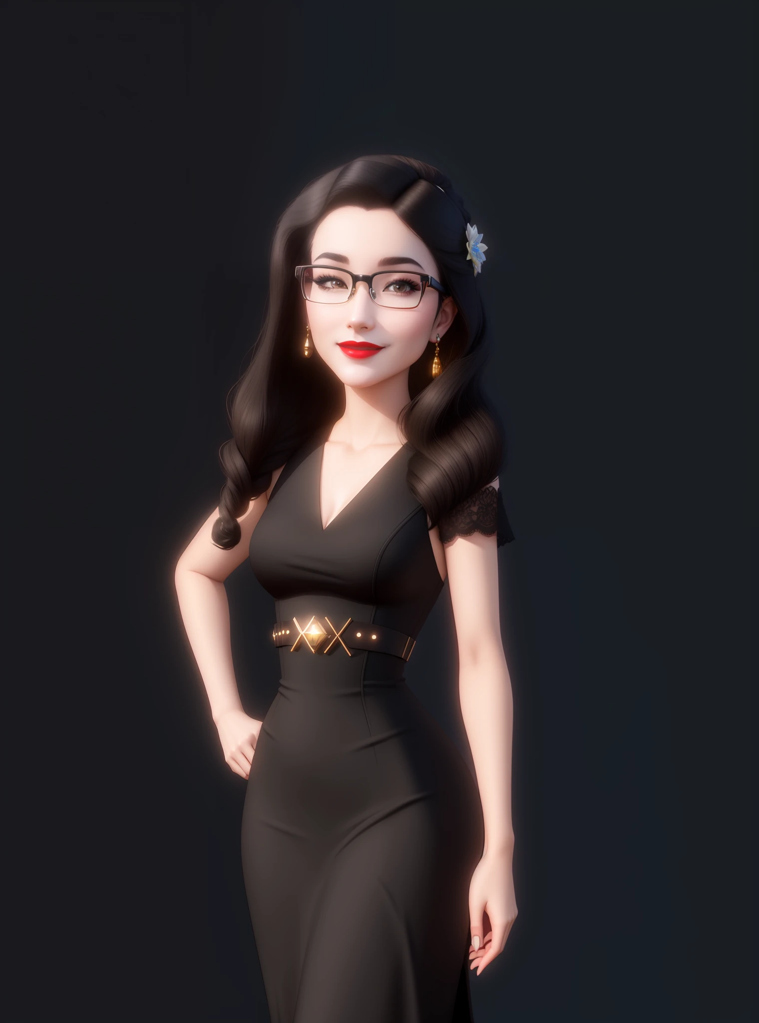 high resolution, 4k, realism, cinematic, bright colors, a closeup of a cartoon woman in a black dress and glasses, smiling, red lipstick, inspired by Sim Sa-jeong, upper body avatar, inspired by Adélaïde Victoire Hall, black dress : : symmetrical face, female main character, inspired by Claire Falkenstein, woman model, 3d demo coil avatar, Render of Mirabel Madrigal
