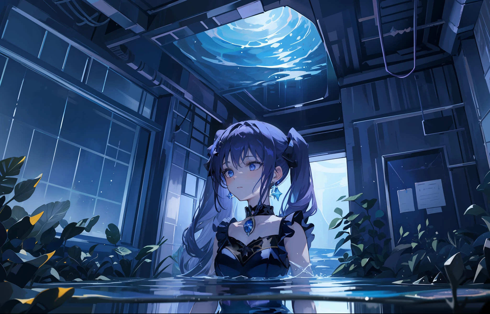 (1girl), ((under the water)), illustration, mona \(genshin impact\), choker, star \(symbol\), long hair, dark purple hair, twintails, blue eyes, shining eyes, glowing eyes, eyes with a stars, earrings, golden jewelry, purple skirt, purple dress, white apron, bangs, floaty dress, scenery, night, reflection, water, magic, deep sea, dark under the sea, drowning, drown