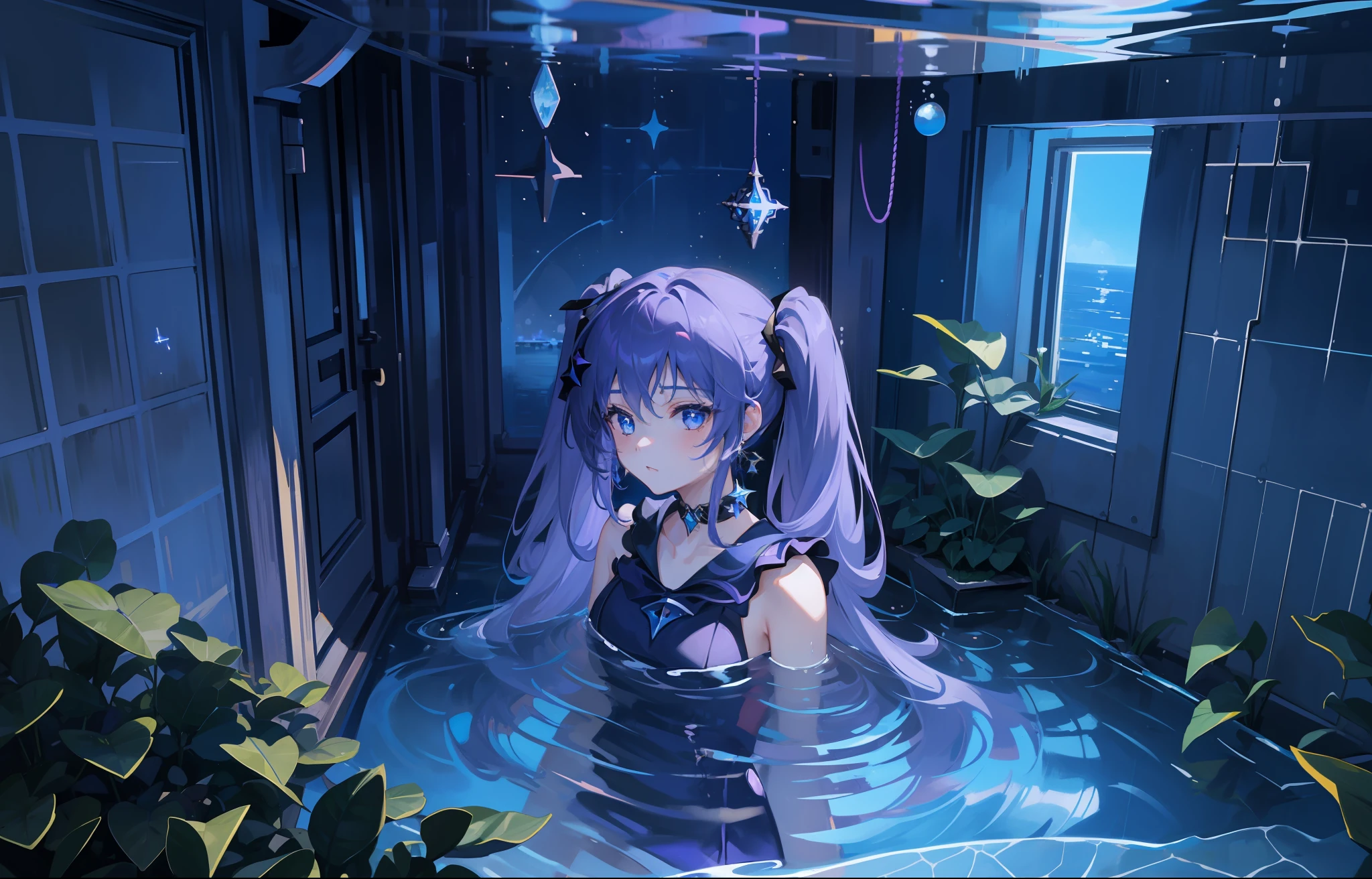 (1girl), ((under the water)), illustration, mona \(genshin impact\), choker, star \(symbol\), long hair, dark purple hair, twintails, blue eyes, shining eyes, glowing eyes, eyes with a stars, earrings, golden jewelry, purple skirt, purple dress, white apron, bangs, floaty dress, scenery, night, reflection, water, magic, deep sea, dark under the sea, drowning, drown