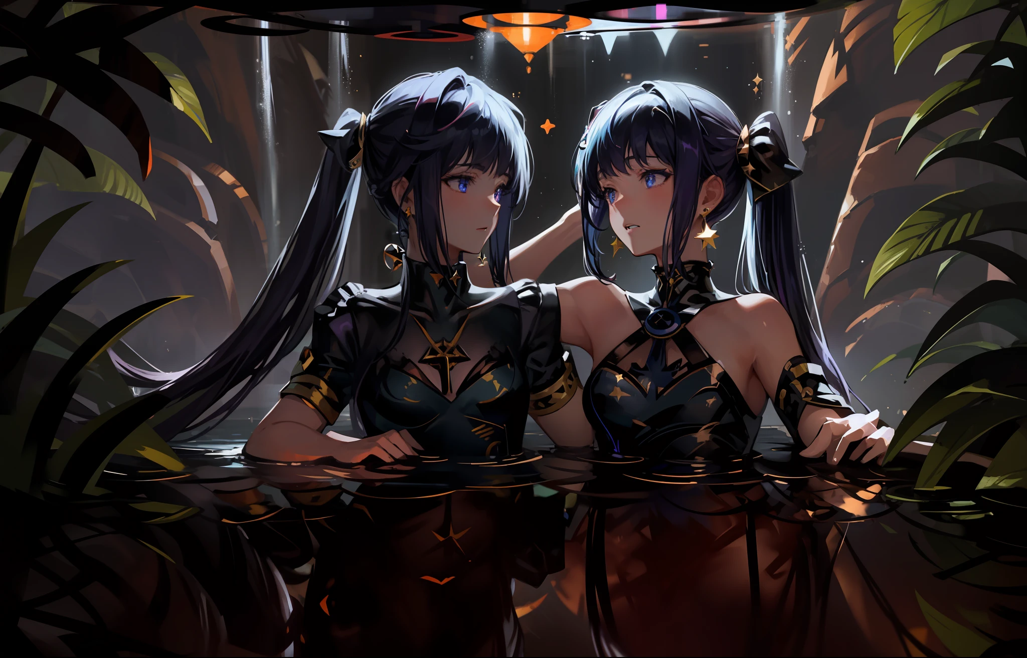 (1girl), ((under the water)), illustration, mona \(genshin impact\), choker, star \(symbol\), long hair, dark purple hair, twintails, blue eyes, shining eyes, glowing eyes, eyes with a stars, earrings, golden jewelry, purple skirt, purple dress, white apron, bangs, floaty dress, scenery, night, reflection, water, magic, deep sea, dark under the sea, drowning, drown