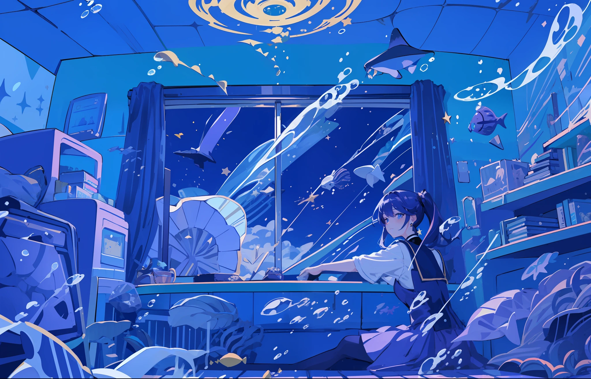 (1girl), ((underwater)), illustration, Mona \(Genshin Impact\), choker, star \(symbol\), long hair, dark purple hair, shimmering ponytails, blue eyes, shining eyes, glowing eyes, sad face, crying face, eyes with stars, earrings, gold jewelry, purple skirt, purple dress, white apron, bangs, floating dress, landscape, night, reflection, water, magic, deep sea, darkness underwater, drowning, drowning