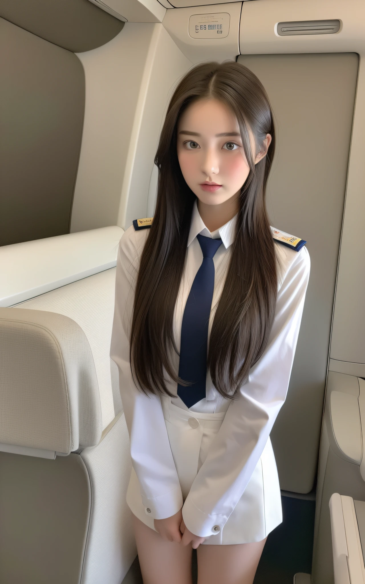 Top Quality, Masterpiece, 8K, Ultra High Definition, (Photorealistic: 1.4), 1 Girl, Beautiful Face, Symmetrical Eyes, Big, Perfect Body Proportions, Stewardess Uniform, Viewer's Look, (Inside the Airplane: 1.2), Front View, Shoulder Jump, Absolute Area (1.3),