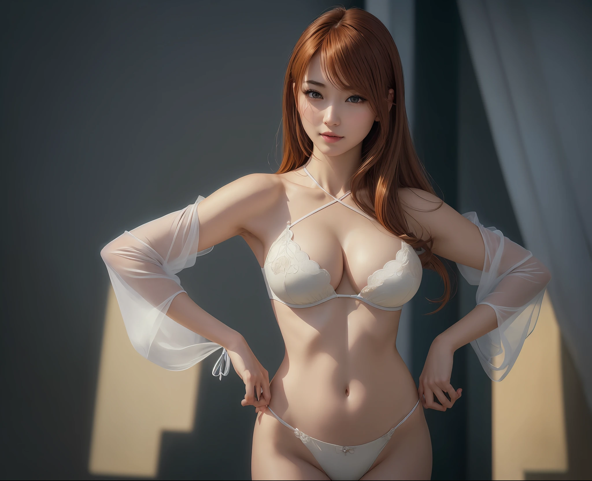 hair bobbles, wince, longeyelashes, solid circle eyes, light smile, ear blush, fang, Surrealism, drop shadow, anaglyph, stereogram, tachi-e, pov, atmospheric perspective, 8k, super detail, ccurate, best quality, (masterpiece:1.4), (8k, photorealistic, RAW photo, best quality: 1.4), japanese, 1girl, beautiful face, (realistic face:1.4), (caramel hair, long hair:1.3), beautiful hairstyle, beautiful detailed eyes, (best ratio eyes:1.5), attractive, ultra high res, ultra realistic, highly detailed, best ratio, (detailed face:1.4), looking at viewer, red lipsticks, purple eyes, (the best ratio of the number of fingers:1.5), ((high proportional realistic breasts, realistic medium breasts):1.4), slender body, (full body visible:1.5), portrait, photography, detailed skin, realistic, photo-realistic, highly detailed, full length frame, High detail RAW color art, lingerie, (best ratio of body anatomy:1.2),