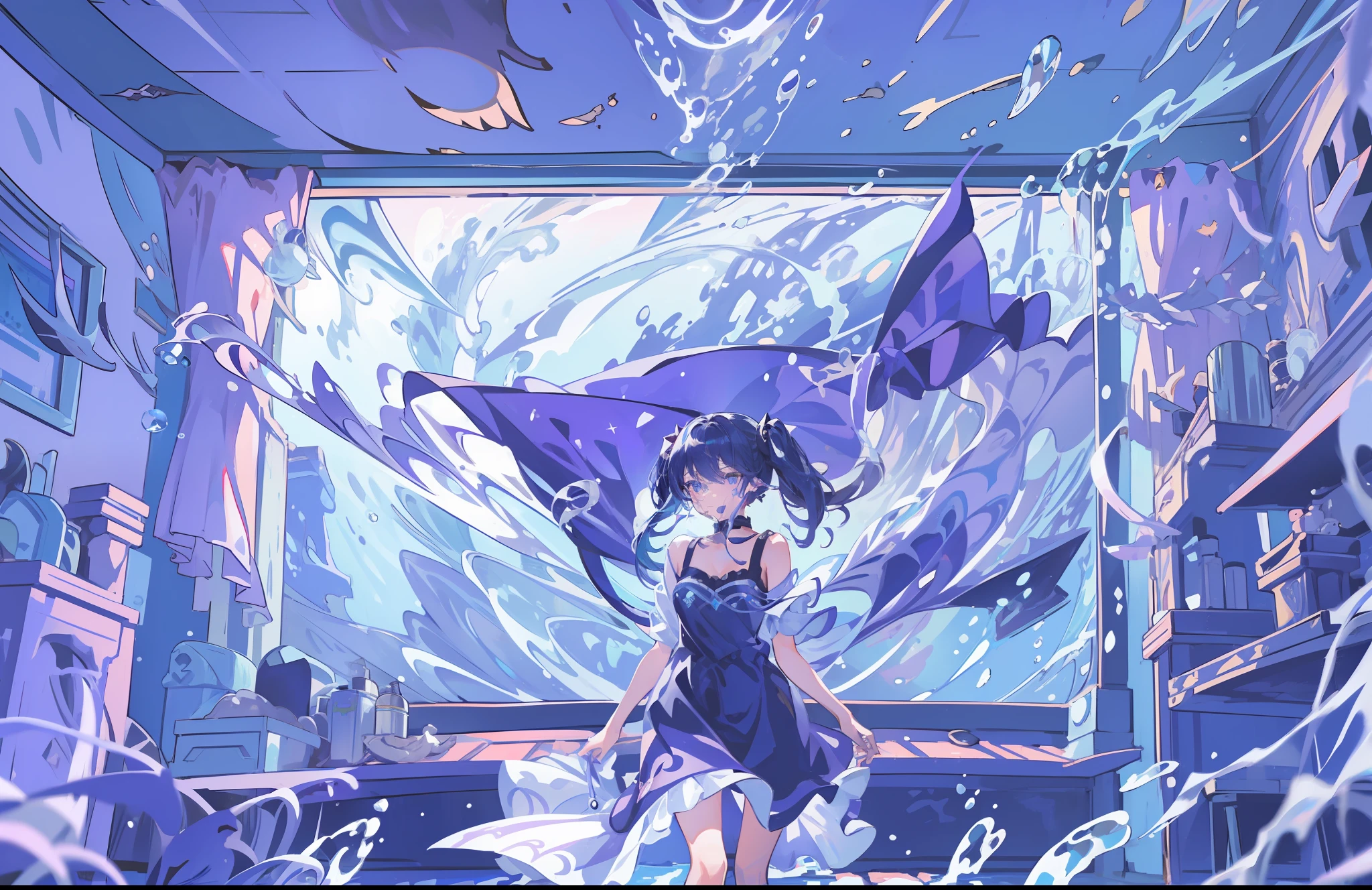 (1girl), ((under the water)), illustration, mona \(genshin impact\), choker, star \(symbol\), long hair, dark purple hair, twintails, blue eyes, shining eyes, glowing eyes, eyes with a stars, earrings, golden jewelry, purple skirt, purple dress, white apron, bangs, floaty dress, scenery, night, reflection, water, magic, deep sea, dark under the sea, drowning, drown