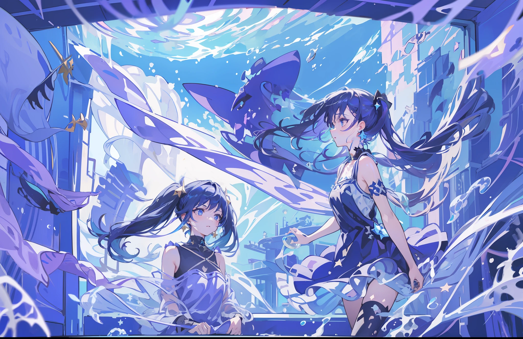 (1girl), ((under the water)), illustration, mona \(genshin impact\), choker, star \(symbol\), long hair, dark purple hair, twintails, blue eyes, shining eyes, glowing eyes, eyes with a stars, earrings, golden jewelry, purple skirt, purple dress, white apron, bangs, floaty dress, scenery, night, reflection, water, magic, deep sea, dark under the sea, drowning, drown