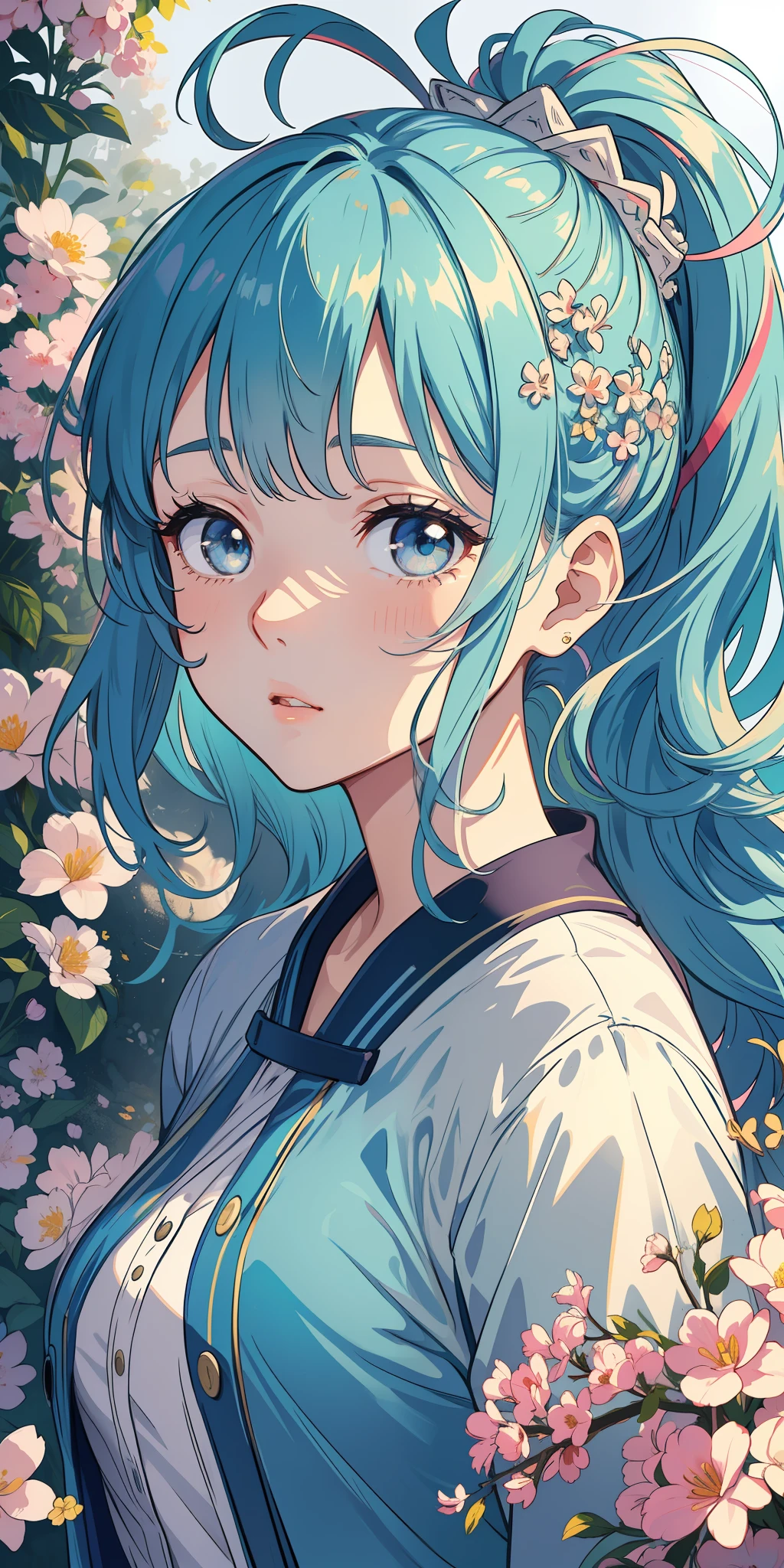 (masterpiece), (best quality), (ultra detailed),(disheveled hair),(illustration), (1girl), (Fashionable clothing), standing, Fashion model, looking at viewer, (interview), (simple background),beautiful detailed eyes, delicate beautiful face, Floating,(high saturation),(colorful splashes),colorful bubble,(shining), focus on face, ponytail, kamisato ayaka, light blue hair, bangs, hair ring, floating flowers, floating hairs, (shining), best lighting, best shadow,