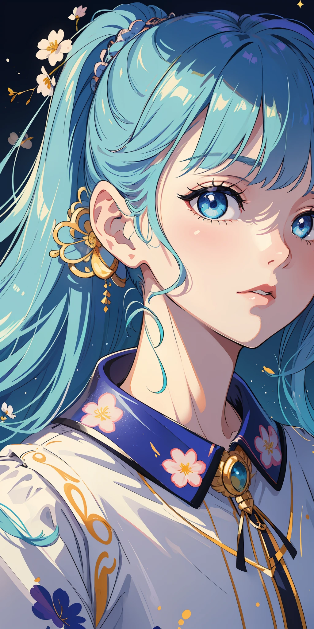 (masterpiece), (best quality), (ultra detailed),(disheveled hair),(illustration), (1girl), (Fashionable clothing), standing, Fashion model, looking at viewer, (interview), (simple background),beautiful detailed eyes, delicate beautiful face, Floating,(high saturation),(colorful splashes),colorful bubble,(shining), focus on face, ponytail, kamisato ayaka, light blue hair, bangs, hair ring, floating flowers, floating hairs, (shining), best lighting, best shadow,