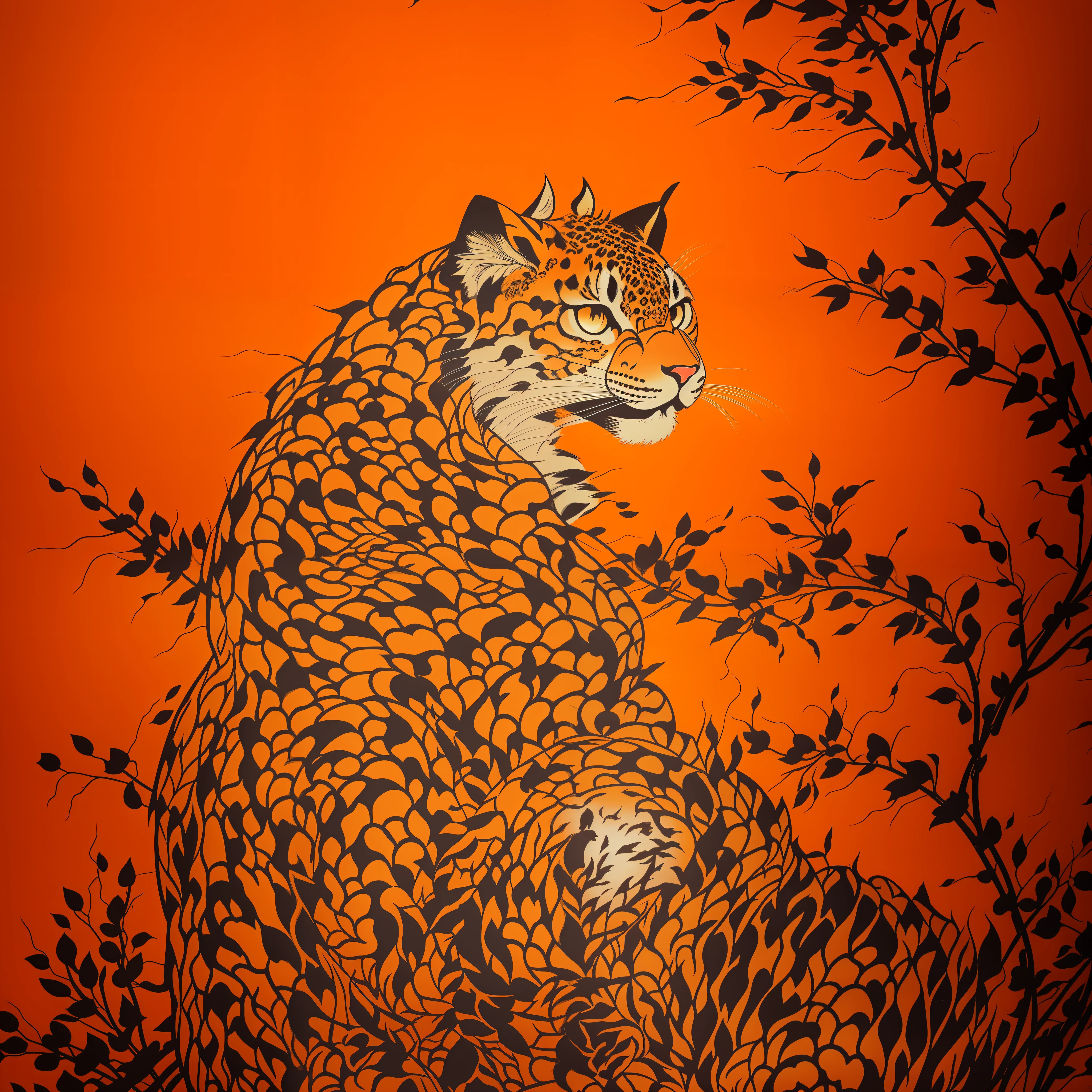 Close-up of an ancient Chinese adult leopard painting with fierce expression, ashuras in Chinese mythology, ancient Chinese art style, Wen Boren, light orange Chinese leopard fantasy, mythical creatures, Chinese leopard concept art, ancient Chinese gorgeous, Chinese mythology, ink flower, inspired by Puhua, an ancient creature, qigong, single close-up, with body