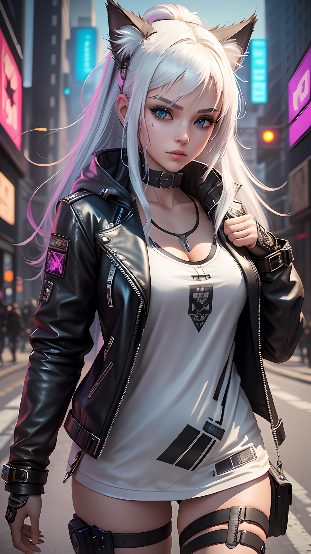 a beautiful photorealistic cyberpunk catgirl with long white hair, black leather jacket, ((Best quality)), ((masterpiece)), (detailed: 1.4), 3D, cyberpunk