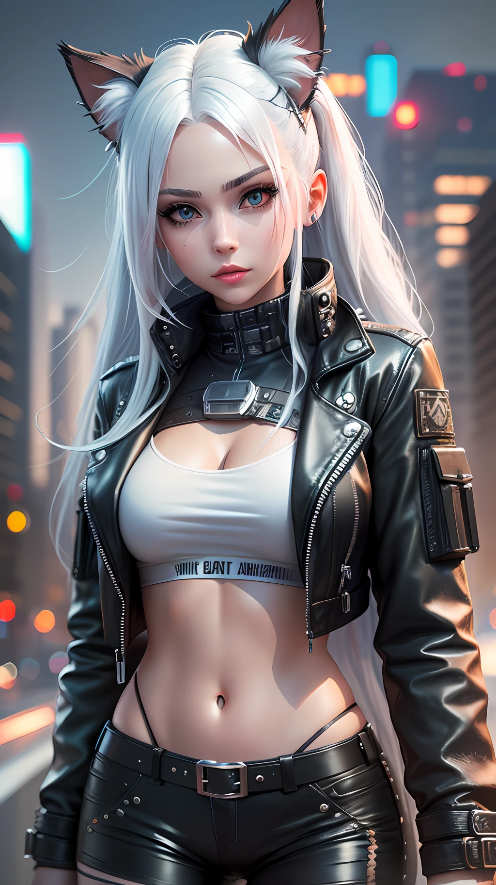 a beautiful photorealistic cyberpunk catgirl with long white hair, black leather jacket, ((Best quality)), ((masterpiece)), (detailed: 1.4), 3D, cyberpunk
